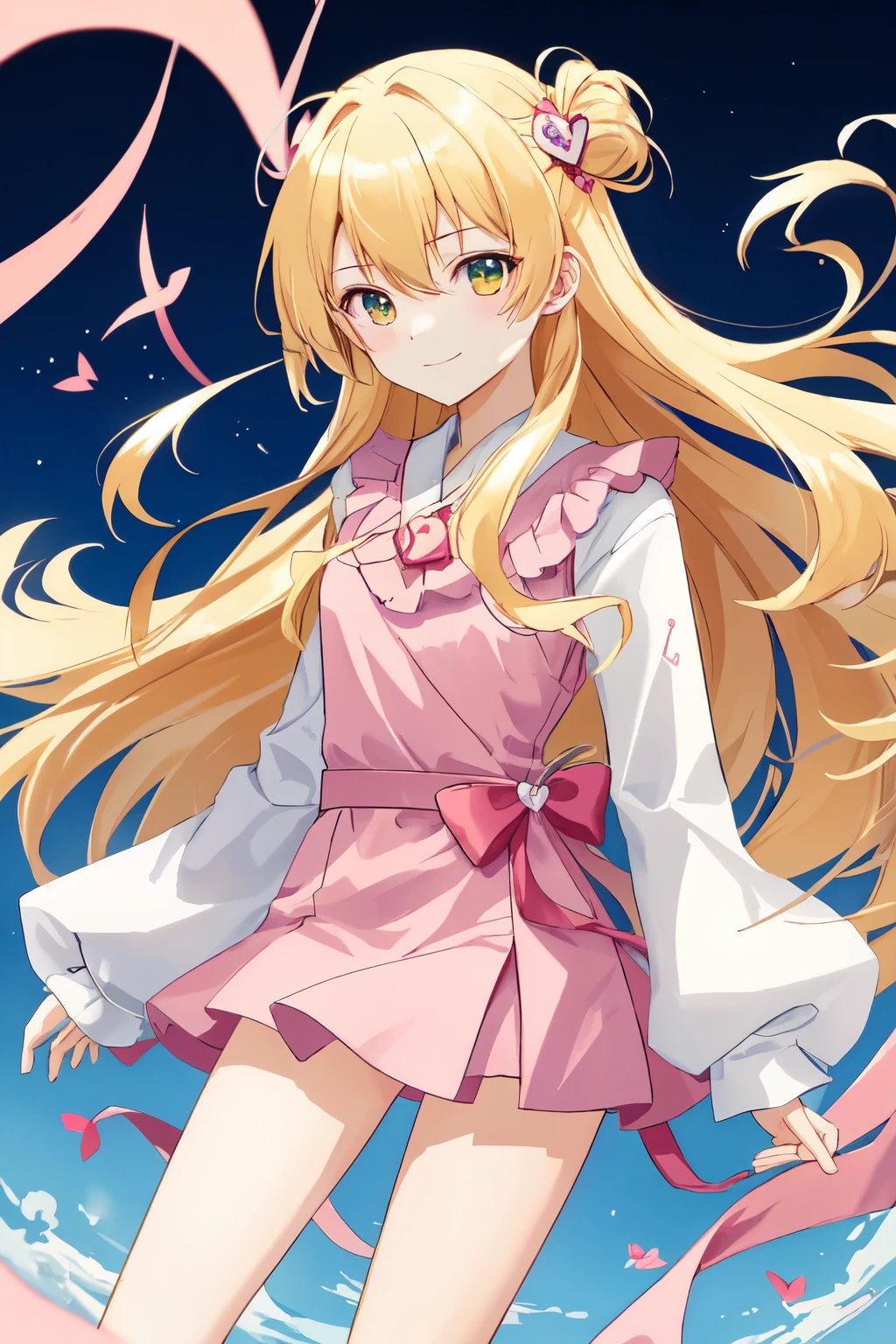 1_girl, (anime, kawai:2), (masterpeice, best_quality, clean:1.5), (sky_background:1.2), (cute, cute_smile, wholesome, young:2), (delicate, extremely_delicate, beautiful, thin:1.5), (girlfriend, angel:2), (green_eyes, simple_eyes:1.8) (long_hair, blond_hair:1.8), (combat:1.2), (wearing_pink_dress, pink_angel_wings:1.6), (combat:1.2), extremely_delicate, (love_magic:1.5), (age_size_fits_body), (small_thighs:1.3), (breasts), (eye_level:1.3), (heart_magic, love:1.8), (warm:1.8), (folded_legs:1.5), (cheerful:1.3)