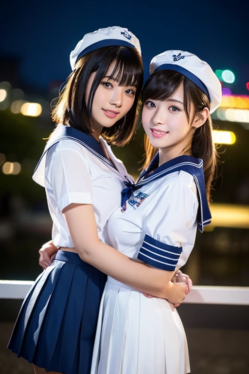 (2girls, youthful & beautiful women, age 20s, wearing the iconic japanese highschool uniform, white shirt with buttons, pleated mini-skirt, red neck collar ribbon, serafuku, ponytail hair, short hair, bob hair with side bangs, sailor hat, sailor uniform,
BREAK
Friendly Kind smile, cute expressions, beautiful detailed eyes, very detailed eyes & facial features, long eyelashes, beautiful detailed lips, natural color lips, dimpled cheeks, snaggle-tooth, ample round bosom, huge breasts, perfect body anatomy, natural poses, warm hugs, the cowboy shot, high angle camera shot, Tokyo Tower night sky,
BREAK
Photorealism, Ultra-realistic, portrait, vivid colours, photo-realistic, UHD, 4k, 8k, ultra-detailed, finely detailed, high resolution, masterpiece, best quality, illustration, perfect dynamic composition, night bokeh background, safe for work, SFW)