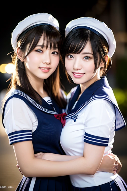 (2girls, youthful & beautiful women, age 20s, wearing the iconic japanese highschool uniform, white shirt with buttons, pleated mini-skirt, red neck collar ribbon, serafuku, ponytail hair, short hair, bob hair with side bangs, sailor hat, sailor uniform,
BREAK
Friendly Kind smile, cute expressions, beautiful detailed eyes, very detailed eyes & facial features, long eyelashes, beautiful detailed lips, natural color lips, dimpled cheeks, snaggle-tooth, ample round bosom, huge breasts, perfect body anatomy, natural poses, warm hugs, the cowboy shot, high angle camera shot, Tokyo Tower night sky,
BREAK
Photorealism, Ultra-realistic, portrait, vivid colours, photo-realistic, UHD, 4k, 8k, ultra-detailed, finely detailed, high resolution, masterpiece, best quality, illustration, perfect dynamic composition, night bokeh background, safe for work, SFW)