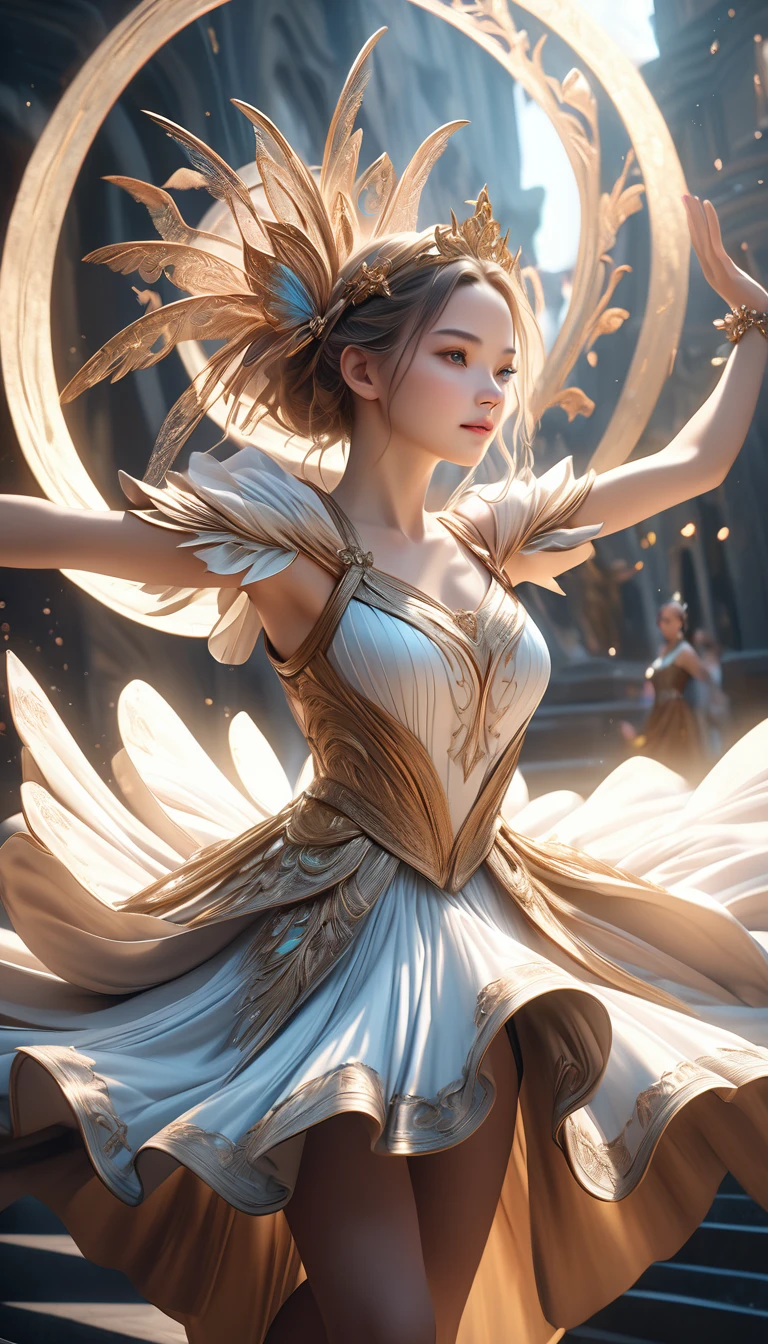 a beautiful dancer, Bold and powerful composition, detailed and enchanting details, (best quality,4K,8K,high resolution,artwork:1.2),Ultra-detailed,(realistic,photorealistic,photo-realistic:1.37),stunning costume , graceful movements, captivating facial expressions, dramatic lighting, cinematic framing, professional 3D rendering, ethereal fantasy, whimsical imagination, surreal elegance