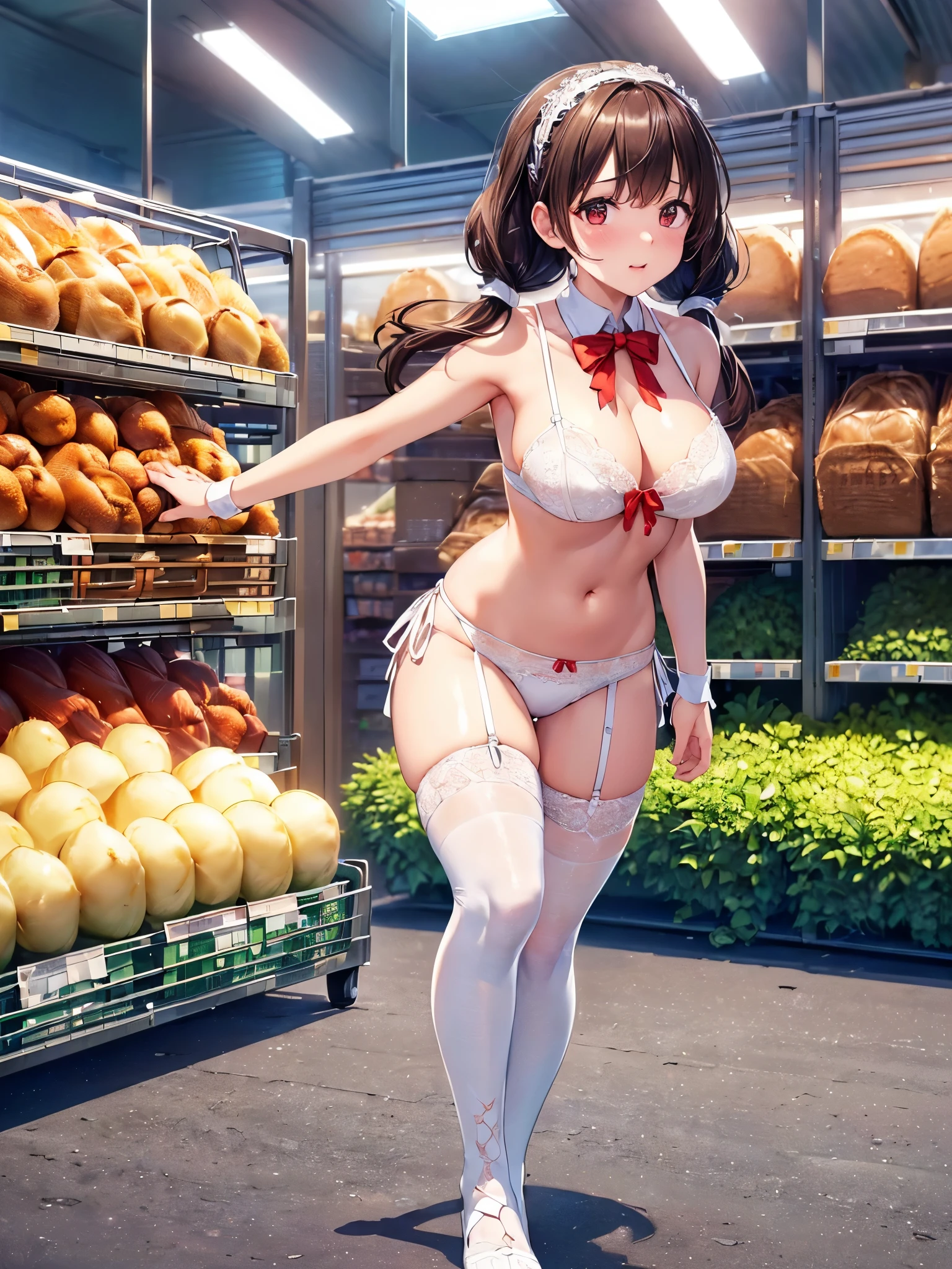 (((masterpiece, Highest quality, High resolution, 超High resolution, Perfect Pixel, Depth of written boundary, 4K, RTTX 10.0))), Beautiful Anime Woman, Beautiful art style, Anime characters, (((Smooth texture:1.2), Realistic texture, Anime CG Style)), Perfect and accurate finger count、Exact number of legs、(Exact number of arms:1.0, Exact number of hands:1.0), (Perfect hands, Perfect Anatomy), Cinematic, Realistic, Extremely detailed CG, Daytime lighting, Perfect lighting, Best Shadow, The best natural light, whole body, Perfect body, バランのとれたPerfect body, Perfectly balanced style, Soft body, Slender body, ((bangs, Dark brown hair, Twin tails, High Up)), ((A cute adult woman is walking towards me:1.8)), ((Bow tie around neck:1.3), (Sexy and cute white underwear:1.3), (Stylish shiny white satin panties, Side-tie panties, Panties with plain white center and lace decoration on the sides, Thin panties with red ribbon:1.4), (White micro lace satin bra, White bra with large lace trim around the edges, Thin bra with red ribbon:1.4), (garter belt, Garter Strings, Knee socks:1.3):1.3), (Beautiful big boobs:1.1), (Embarrassed expression:1.7), blush, (supermarket, Merchandise Shed, aisle, Many visitors in the background, Inside the crowded store:1.7), naked, In underwear, (White ruffled headband:1.3), Angle from the front