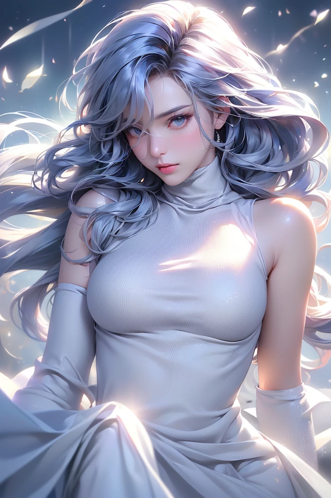 (Above the knees image)((masterpiece:1.5、8k、Portraiture、フォトリアリスティックでVery detailedなCG、Very detailed、Particle Effects、Dynamic Effects、Written boundary depth、Cinematic Light、Lens flare、Ray Tracing、Tabletop、Realistic:1.4、Ultra-high resolution:1.2、Realistic、Realistic))((alone、Turtleneck dress,No sleeve、Woman in white fur coat:1.4、Exposed sideways breast doll-like pose、Detailed face、bright表情、young, bright, Whiter skin、medium breasts:1.4、Best Looks、Ultimate beauty、Grey hair with shiny highlights:1.8、bright and shiny hair,、Arranged Hair、Hair dancing in the wind))(morning、In the background is a snowy hill overlooking the ruins...)