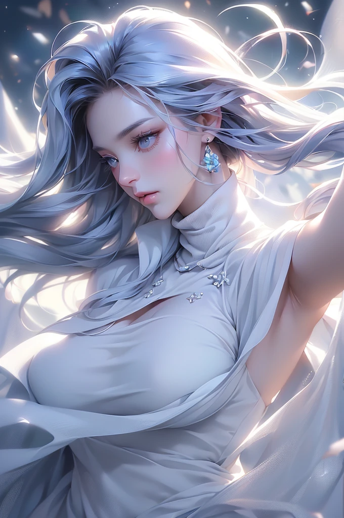 (Above the knees image)((masterpiece:1.5、8k、Portraiture、フォトリアリスティックでVery detailedなCG、Very detailed、Particle Effects、Dynamic Effects、Written boundary depth、Cinematic Light、Lens flare、Ray Tracing、Tabletop、Realistic:1.4、Ultra-high resolution:1.2、Realistic、Realistic))((alone、Turtleneck dress,No sleeve、Woman in white fur coat:1.4、Exposed sideways breast doll-like pose、Detailed face、bright表情、young, bright, Whiter skin、medium breasts:1.4、Best Looks、Ultimate beauty、Grey hair with shiny highlights:1.8、bright and shiny hair,、Arranged Hair、Hair dancing in the wind))(morning、In the background is a snowy hill overlooking the ruins...)