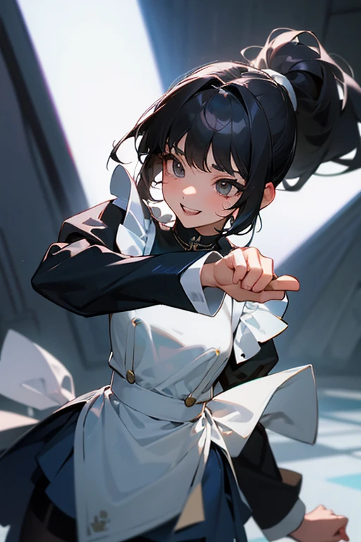 (Highest Resolution, clear_image) Highest quality, single, One Woman, alone, masterpiece, Very detailed, Semi-realistic, Black Hairのショートヘア, Black Hair, bangs, 18-year-old, mature, light blue uniform, uniform, Indoor Background, kind, Authoritative, Powerful, exquisite features, exquisite features、Eyelashes become longer、Showing teeth、smile😀、Maid clothes、ponytail、((mini skirt)).