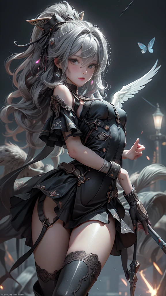 ((Highest quality)), ((Truly a masterpiece)), ((Ultra-detailed:1.4)), ((Ultra-Photorealistic 3D)), Android Magical Girl, Mechanical body, Dynamic action poses for battle scenes, Very complex and heavy fighter aircraft mechanical armament, Off-the-shoulder fashion that combines steampunk and gothic lolita with attention to detail, Intricate steampunk headgear, Very thin、Over-the-knee reggae mechanical boots、Fluttering lace flare mini skirt、 Beautiful small breasts directed upwards、Swaying in the Wind、Long, curly silver hair,、Countless large, shining spheres fly around、Lots of sparks cross and fly、Countless neon lights pouring down from the magical pose、Complex and precise mechanical Night City、Very dark background、Very dramatic and cinematic lighting、Big wings on the back8Growing in Sheets。