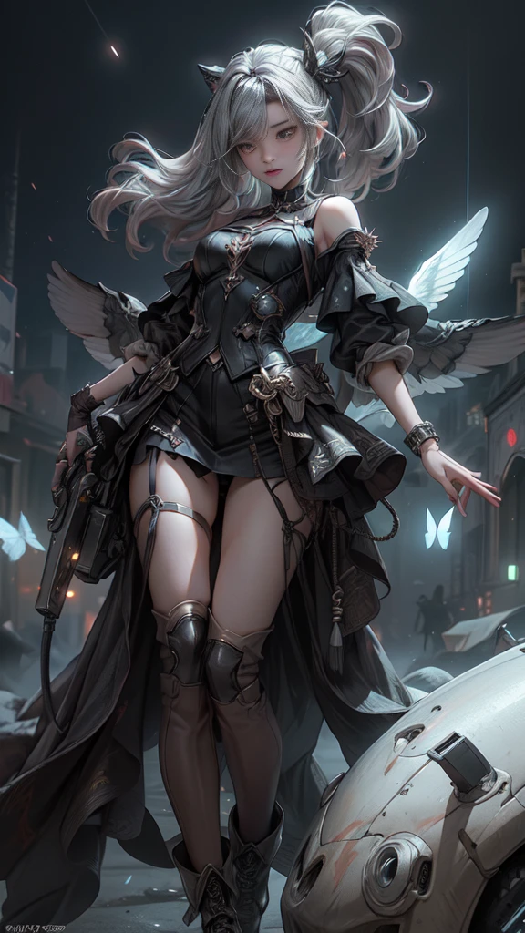 ((Highest quality)), ((Truly a masterpiece)), ((Ultra-detailed:1.4)), ((Ultra-Photorealistic 3D)), Android Magical Girl, Mechanical body, Dynamic action poses for battle scenes, Very complex and heavy fighter aircraft mechanical armament, Off-the-shoulder fashion that combines steampunk and gothic lolita with attention to detail, Intricate steampunk headgear, Very thin、Over-the-knee reggae mechanical boots、Fluttering lace flare mini skirt、 Beautiful small breasts directed upwards、Swaying in the Wind、Long, curly silver hair,、Countless large, shining spheres fly around、Lots of sparks cross and fly、Countless neon lights pouring down from the magical pose、Complex and precise mechanical Night City、Very dark background、Very dramatic and cinematic lighting、Big wings on the back8Growing in Sheets。