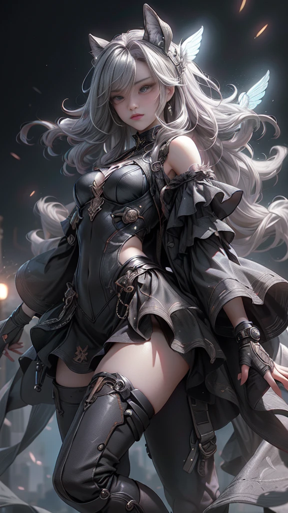 ((Highest quality)), ((Truly a masterpiece)), ((Ultra-detailed:1.4)), ((Ultra-Photorealistic 3D)), Android Magical Girl, Mechanical body, Dynamic action poses for battle scenes, Very complex and heavy fighter aircraft mechanical armament, Off-the-shoulder fashion that combines steampunk and gothic lolita with attention to detail, Intricate steampunk headgear, Very thin、Over-the-knee reggae mechanical boots、Fluttering lace flare mini skirt、 Beautiful small breasts directed upwards、Swaying in the Wind、Long, curly silver hair,、Countless large, shining spheres fly around、Lots of sparks cross and fly、Countless neon lights pouring down from the magical pose、Complex and precise mechanical Night City、Very dark background、Very dramatic and cinematic lighting、Big wings on the back８Growing in Sheets。
