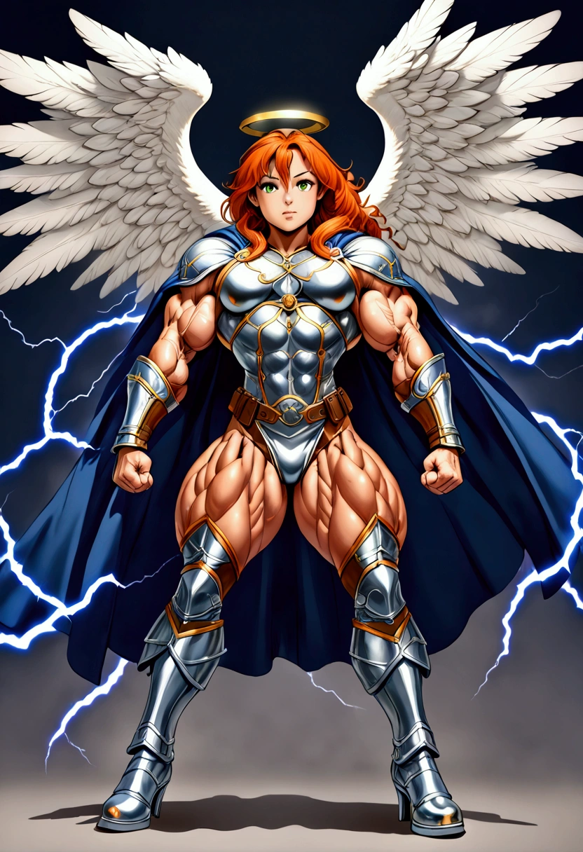 a_mighty_female_Valkyrie (((strong big muscles, heavy weighted))) a_sisters_veil_on_head (a navy blue veil) skin_color ((light brown skin with freckles on face)) eye_color ((eyes are green)) hair_color (brown and orange hair) armor_for_torso (silver gray armor) pants ((bell bottom pants blue)) high_heel_boots (white high heel boots) super_power_of_lightning ((casting lightning from hands)) (((masterpiece, Best quality, amazing, beautiful, heroic, saving the day, high resolution, angel wings)))