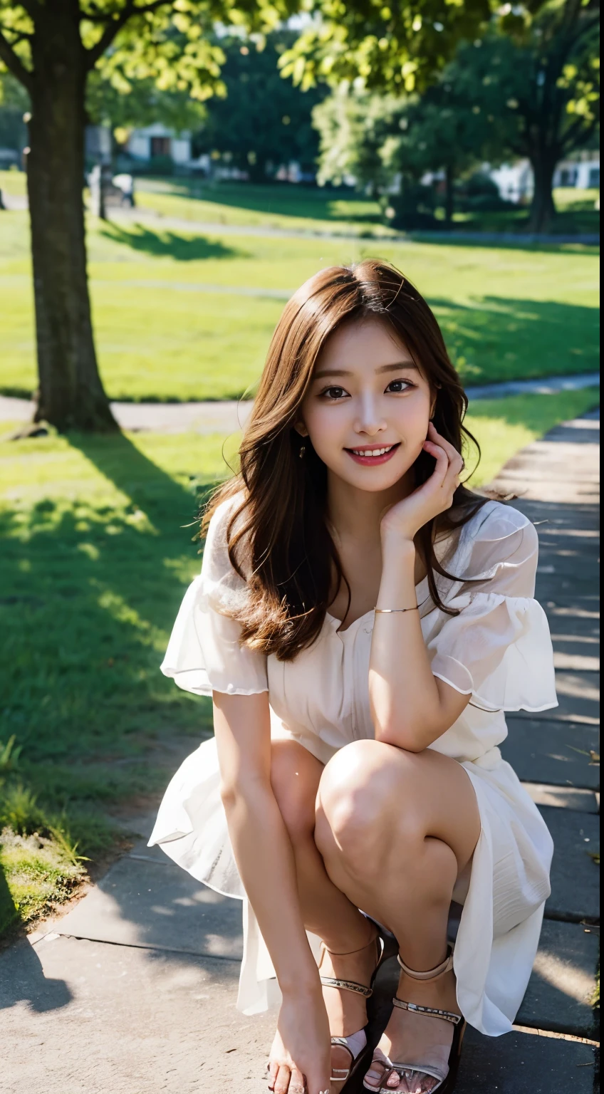 masterpiece, best quality, Full-HD, background photo, photorealistic, portrait, cowboy shot, front view, dutch angle shot, countryside, (crawling position on her hands and knees :1.3), ((outfit :1.3)), (Heeled sandals), side, seven-headed person, female, delightful, smiling, looking at viewer, glamorous, 20-year-old, at noon, beautiful, cute, full body shot, sunlight, random color, random hair styles, random outfits, (no extra hand), no bad hands
