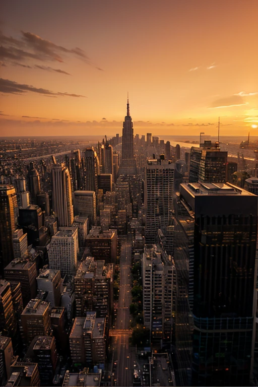 Sunset cityscape with a warm orange glow over skyscrapers and urban landscape. Captures the essence of urban life and evening tranquility.