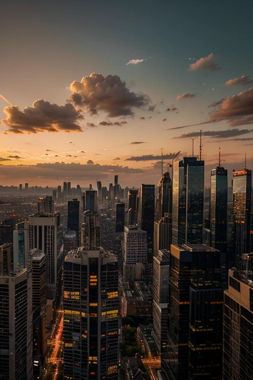 Sunset cityscape with a warm orange glow over skyscrapers and urban landscape. Captures the essence of urban life and evening tranquility.