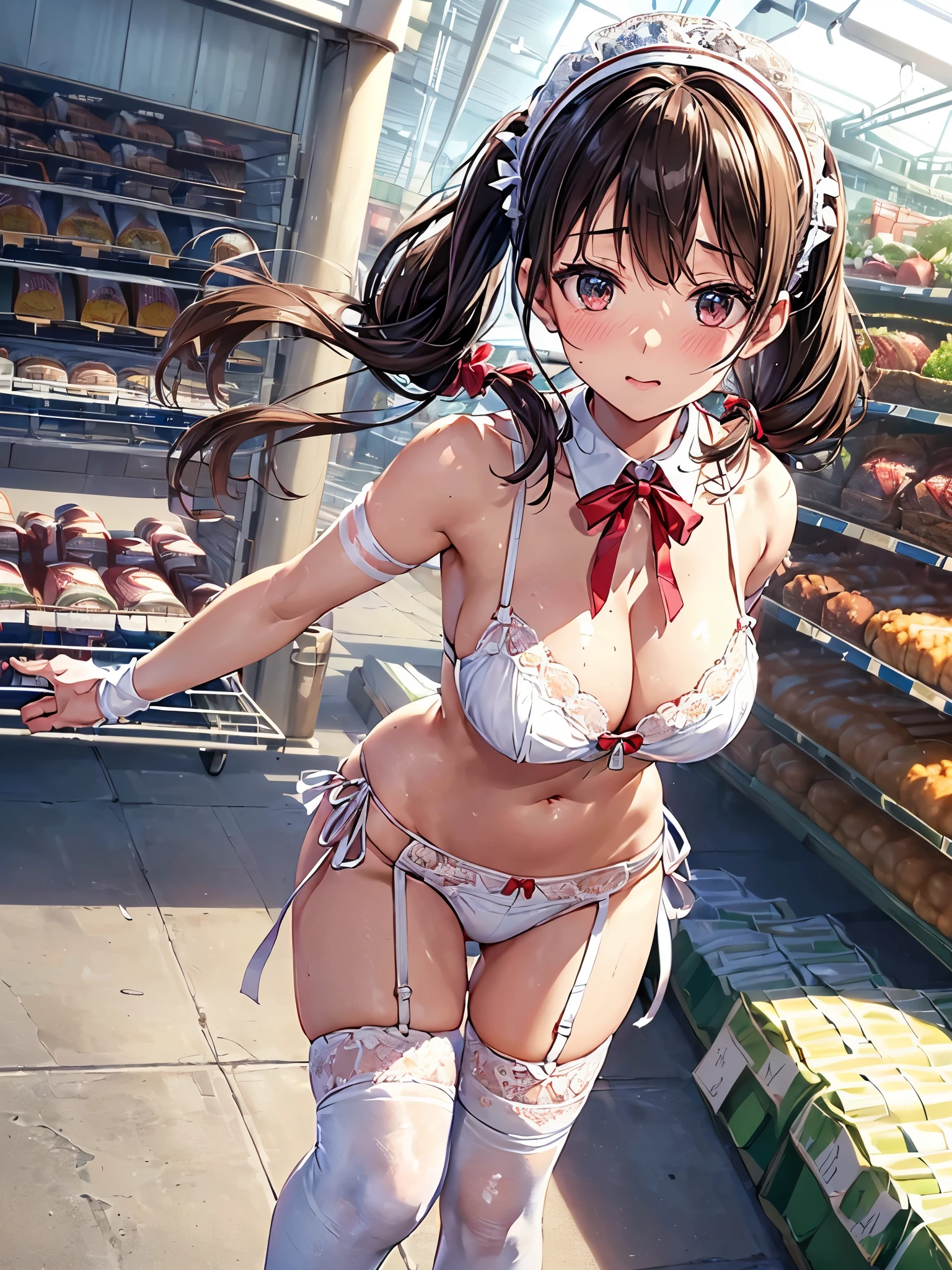 (((masterpiece, Highest quality, High resolution, 超High resolution, Perfect Pixel, Depth of written boundary, 4K, RTTX 10.0))), Beautiful Anime Woman, Beautiful art style, Anime characters, ((Smooth texture, Realistic texture, Anime CG Style:1.1)), Perfect and accurate finger count、Exact number of legs、(Exact number of arms:1.0, Exact number of hands:1.0), (Perfect hands, Perfect Anatomy), Cinematic, Realistic, Extremely detailed CG, Daytime lighting, Perfect lighting, Best Shadow, The best natural light, whole body, Perfect body, バランのとれたPerfect body, Perfectly balanced style, Soft body, Slender body, ((bangs, Dark brown hair, Twin tails, High Up)), ((A cute adult woman is walking towards me:1.8)), ((Bow tie around neck:1.3), (Sexy and cute white underwear:1.3), (Stylish shiny white satin panties, Side-tie panties, Panties with plain white center and lace decoration on the sides, Thin panties with red ribbon:1.4), (White micro lace satin bra, White bra with large lace trim around the edges, Thin bra with red ribbon:1.4), (garter belt, Garter Strings, Knee socks:1.3):1.3), (Beautiful big boobs:1.1), (Embarrassed expression:1.7), blush, (supermarket, Merchandise Shed, aisle, Many visitors in the background, Inside the crowded store:1.7), naked, In underwear, (White ruffled headband:1.3), Angle from the front