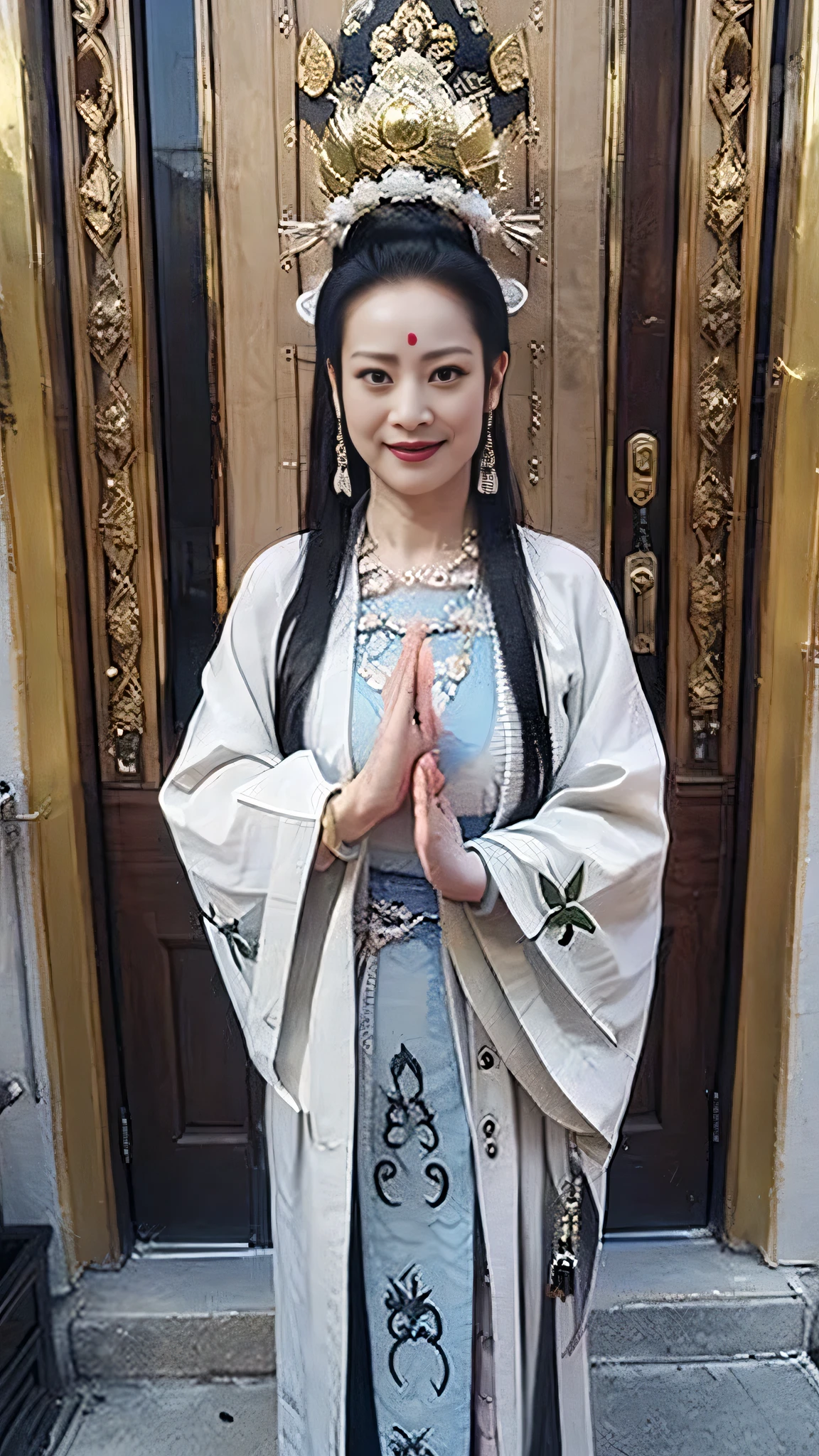 Bodhisattva，Standing on the lotus，Wearing white gi，Hands together，Facing the camera