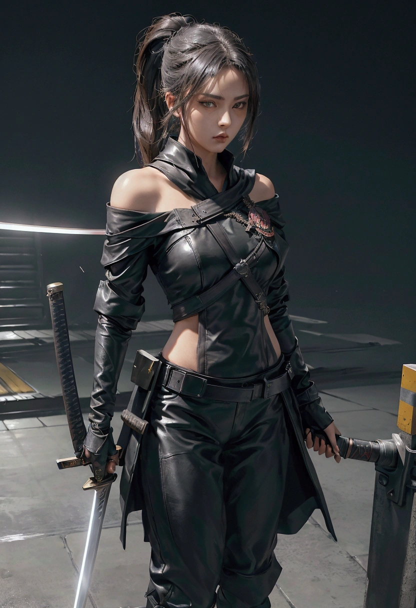 masterpiece, ultra high res, photorealistic, a assassin Girl, wear off shoulder black leather suit, holding a samurai sword, standing in the shadow of a concrete pole in dark subway train station, dynamic pose, low light, shadow effect, photorealism