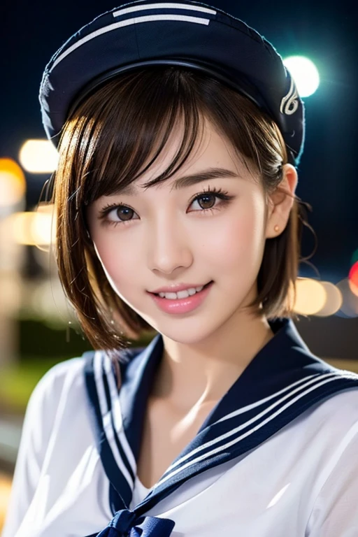 (2girls, youthful & beautiful women, age 20s, wearing the iconic japanese highschool uniform, white shirt with buttons, pleated mini-skirt, red neck collar ribbon, serafuku, ponytail hair, short hair, bob hair with side bangs, sailor hat, sailor uniform,
BREAK
Friendly Kind smile, cute expressions, beautiful detailed eyes, very detailed eyes & facial features, long eyelashes, beautiful detailed lips, natural color lips, dimpled cheeks, snaggle-tooth, ample round bosom, huge breasts, perfect body anatomy, natural poses, warm hugs, the cowboy shot, high angle shot, Tokyo Tower night sky,
BREAK
Photorealism, Ultra-realistic, portrait, vivid colours, photo-realistic, UHD, 4k, 8k, ultra-detailed, finely detailed, high resolution, masterpiece, best quality, illustration, perfect dynamic composition, depth of field, night bokeh background, safe for work, SFW)