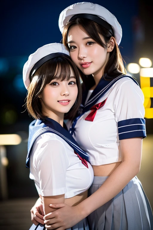 (2girls, youthful & beautiful women, age 20s, wearing the iconic japanese highschool uniform, white shirt with buttons, pleated mini-skirt, red neck collar ribbon, serafuku, ponytail hair, short hair, bob hair with side bangs, sailor hat, sailor uniform,
BREAK
Friendly Kind smile, cute expressions, beautiful detailed eyes, very detailed eyes & facial features, long eyelashes, beautiful detailed lips, natural color lips, dimpled cheeks, snaggle-tooth, ample round bosom, huge breasts, perfect body anatomy, natural poses, warm hugs, the cowboy shot, high angle shot, Tokyo Tower night sky,
BREAK
Photorealism, Ultra-realistic, portrait, vivid colours, photo-realistic, UHD, 4k, 8k, ultra-detailed, finely detailed, high resolution, masterpiece, best quality, illustration, perfect dynamic composition, depth of field, night bokeh background, safe for work, SFW)