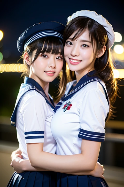 (2girls, youthful & beautiful women, 0s, wearing the iconic japanese highschool uniform, white shirt with buttopleated mini-skirt, red neck collar ribbon, serafuku, ponytail hair, short hair, bob hair with side bangs, sailor hat, sailor uniform,
BREAK
Friendly Kind smile, cute expressions, beautiful detailed eyes, very detailed eyes & facial features, long eyelashes, beautiful detailed lips, natural color lips, dimpled cheeks, snaggle-tooth, ample round bosom, hueasts, perfe anatomy, natural poses, warm hugs, the cowboy shot, high angle shot, Tokyo Tower night sky,
BREAK
Photorealism, Ultra-realistic, portrait, vivid colours, photo-realistic, UHD, 4k, 8k, ultra-detailed, finely detailed, high resolution, masterpiece, best quality, illustration, perfect dynamic composition, depth of field, night bokeh background, safe for work, SFW)