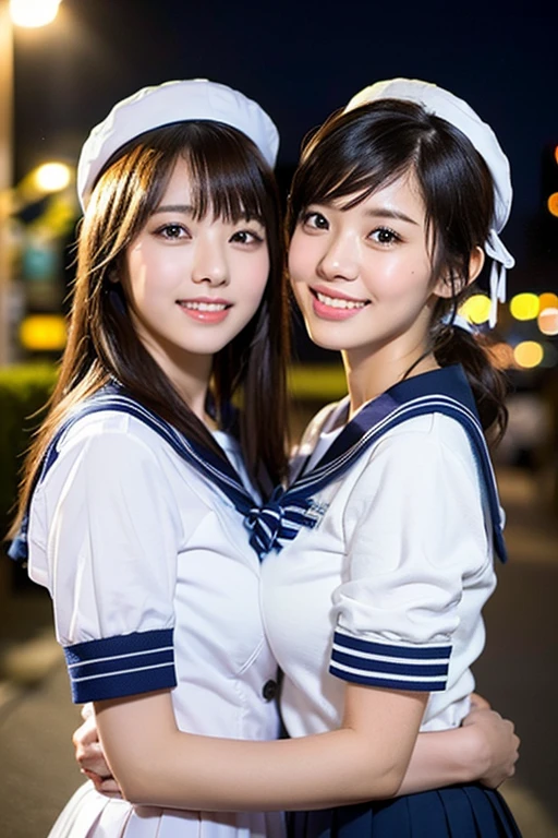 (2girls, youthful & beautiful women, age 20s, wearing the iconic japanese highschool uniform, white shirt with buttons, pleated mini-skirt, red neck collar ribbon, serafuku, ponytail hair, short hair, bob hair with side bangs, sailor hat, sailor uniform,
BREAK
Friendly Kind smile, cute expressions, beautiful detailed eyes, very detailed eyes & facial features, long eyelashes, beautiful detailed lips, natural color lips, dimpled cheeks, snaggle-tooth, ample round bosom, huge breasts, perfect body anatomy, natural poses, warm hugs, the cowboy shot, high angle shot, Tokyo Tower night sky,
BREAK
Photorealism, Ultra-realistic, portrait, vivid colours, photo-realistic, UHD, 4k, 8k, ultra-detailed, finely detailed, high resolution, masterpiece, best quality, illustration, perfect dynamic composition, depth of field, night bokeh background, safe for work, SFW)