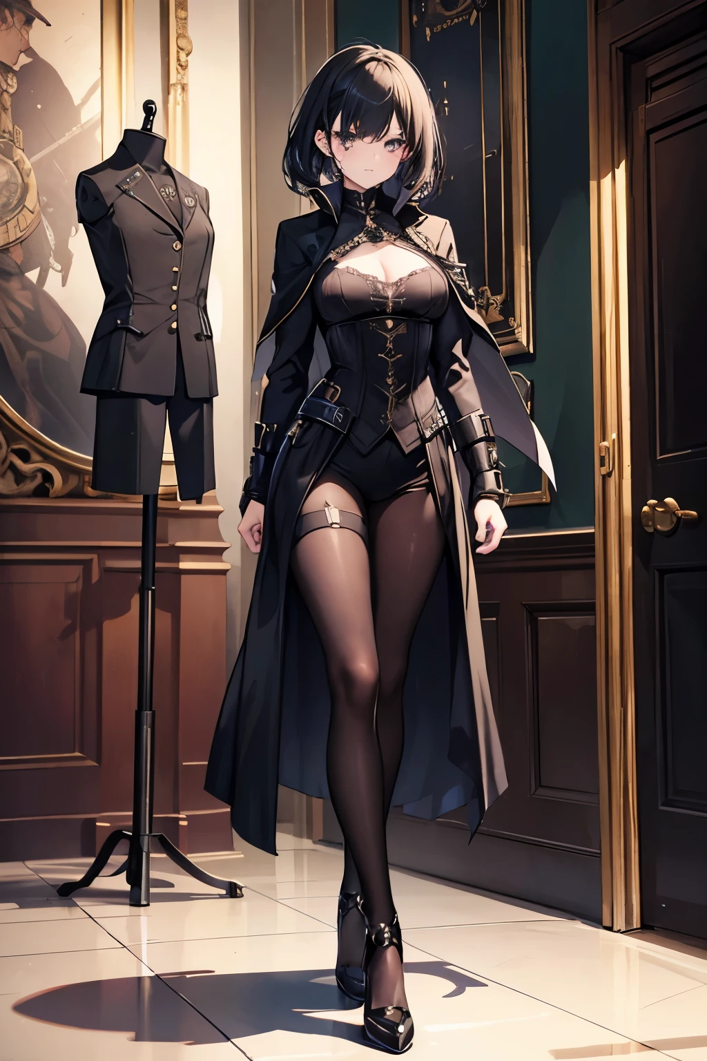 1girl, full body, spy suit, gothic costume, elegant style, steampunk reference, palace dance salon, baroque details, hidden spy weapons, spy equipment hidden in clothes, gothic punk victorian elegant clothing, correas tácticas ocultas, spy girl, tactical spy equipment