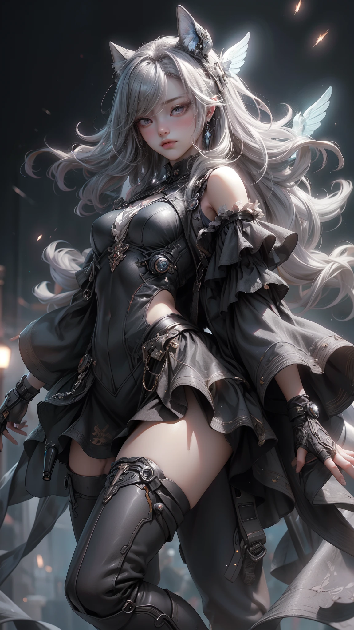 ((Highest quality)), ((Truly a masterpiece)), ((Ultra-detailed:1.4)), ((Ultra-Photorealistic 3D)), Android Magical Girl, Mechanical body, Dynamic action poses for battle scenes, Very complex and heavy fighter aircraft mechanical armament, Off-the-shoulder fashion that combines steampunk and gothic lolita with attention to detail, Intricate steampunk headgear, Very thin、Over-the-knee reggae mechanical boots、Fluttering lace flare mini skirt、 Beautiful small breasts directed upwards、Swaying in the Wind、Long, curly silver hair,、Countless large, shining spheres fly around、Lots of sparks cross and fly、Countless neon lights pouring down from the magical pose、Complex and precise mechanical Night City、Very dark background、Very dramatic and cinematic lighting、Big wings on the back８Growing in Sheets。
