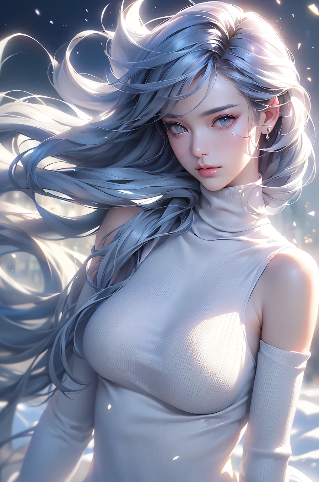 (Above the knees image)((masterpiece:1.5、8k、Portraiture、Photorealistic and very detailed CG、Very detailed、Particle Effects、Dynamic Effects、Written boundary depth、Cinematic Light、Lens flare、Ray Tracing、Tabletop、Realistic:1.4、Ultra-high resolution:1.2、Realistic、Realistic))((alone、Turtleneck dress,No sleeve、Woman in white fur coat:1.4、Exposed sideways  doll-like pose、Detailed face、brightexpression、young, bright, Whiter skin、medium breastest Looks、Ultimate beauty、Grey hair with shiny highlights:1.8、bright and shiny hair,、Arranged Hair、Hair dancing in the wind))(morning、In the background is a snowy hill overlooking the ruins...)
