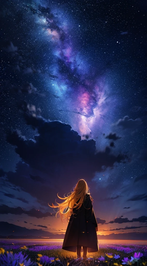 1people々々々々々々々,Blonde long-haired woman,Long coat, Dress Silhouette, Rear View,Space Sky, Flower Field,Colorful flowers