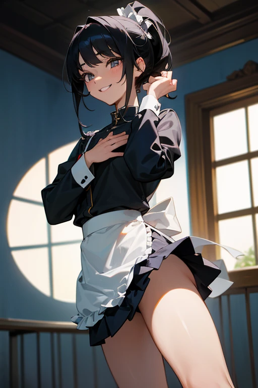 (Highest Resolution, clear_image) Highest quality, single, One Woman, alone, masterpiece, Very detailed, Semi-realistic, Black Hairのショートヘア, Black Hair, bangs, 18-year-old, mature, light blue uniform, uniform, Indoor Background, kind, Authoritative, Powerful, exquisite features, exquisite features、Eyelashes become longer、Showing teeth、smile😀、Maid clothes、ponytail、((mini skirt)).