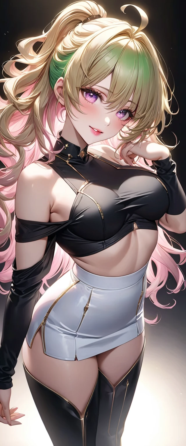 (Perfect Anatomy)、Mastepiece、Ultra High Quality、 8k、masterpiece、Highest quality、Ultra-high resolution、Maximum resolution、Very detailed、Professional Lighting、anime、woman、thin、Very beautiful face、Very beautiful eyes、(Highly detailed eye)、Highly detailed face、Blonde, (ahoge), wavy hair, Pink eyes, (gold hair, green dip-dye hair), stomach cutout, thigh boots, high heels, white mini pencil skirt, white off shoulder, makeup, eyeliner, eye shadow, pink cheek, pink lips, smile, underboob, full body, black T-back, grabbing own breasts,