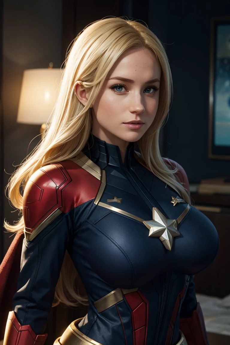 Meghan Markle, wearing Captain Marvel costume sexy clothes, her costume is transparent, (revealing her skin), professionally retouched, soft lighting, realistic, smooth face, perfect eyes, sharp focus on eyes, 8 k, high definition, insanely detailed, intricate, elegant. in a cosmic background, (((visible breasts))), she is removing her. Costume, visible nipples, visible vagina, blonde hair, blue eyes