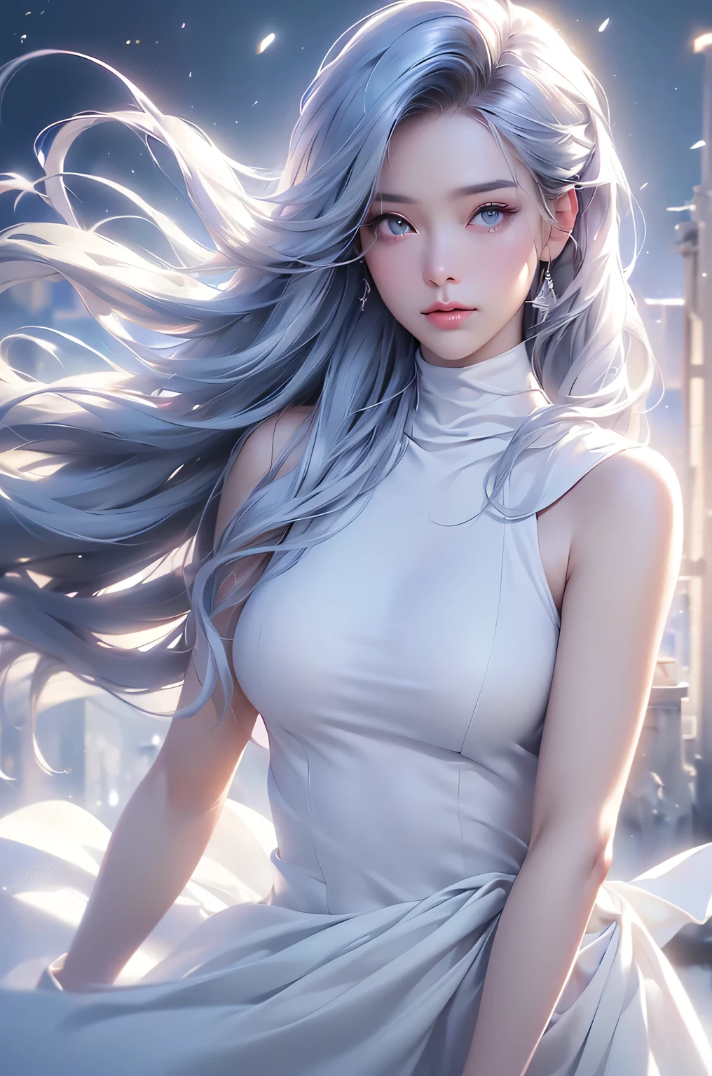 (Above the knees image)((masterpiece:1.5、8k、Portraiture、Photorealistic and very detailed CG、Very detailed、Particle Effects、Dynamic Effects、Written boundary depth、Cinematic Light、Lens flare、Ray Tracing、Tabletop、Realistic:1.4、Ultra-high resolution:1.2、Realistic、Realistic))((alone、Turtleneck dress,No sleeve、Woman in white fur coat:1.4、Exposed sideways doll-like pose、Detailed face、brightexpression、young, bright, Whiter skin、medium breastest Looks、Ultimate beauty、Grey hair with shiny highlights:1.8、bright and shiny hair,、Arranged Hair、Hair dancing in the wind))(morning、In the background is a snowy hill overlooking the ruins...)