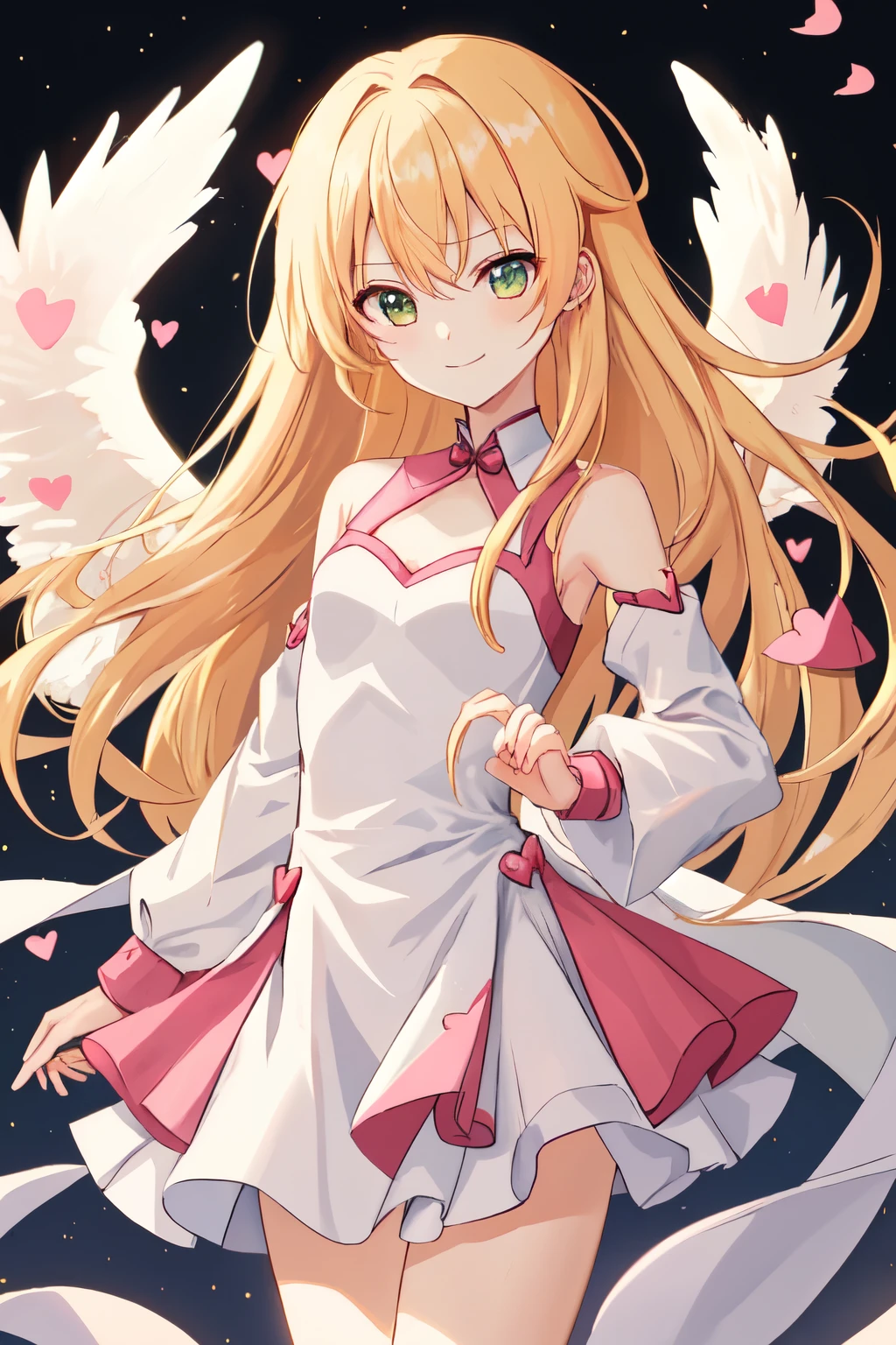 1_girl, (anime, kawai:2), (masterpeice, best_quality, clean:1.5), (sky_background:1.2), (cute, cute_smile, wholesome, young:2), (delicate, extremely_delicate, beautiful, thin:1.5), (girlfriend, angel:2), (green_eyes, simple_eyes:1.8) (long_hair, blond_hair:1.8), (combat:1.2), (wearing_pink_dress, pink_angel_wings:1.6), (combat:1.2), extremely_delicate, (love_magic:1.5), (age_size_fits_body), (small_thighs:1.3), (breasts), (eye_level:1.3), (heart_magic, love:1.8), (warm:1.8), (folded_legs:1.5), (cheerful:1.3)