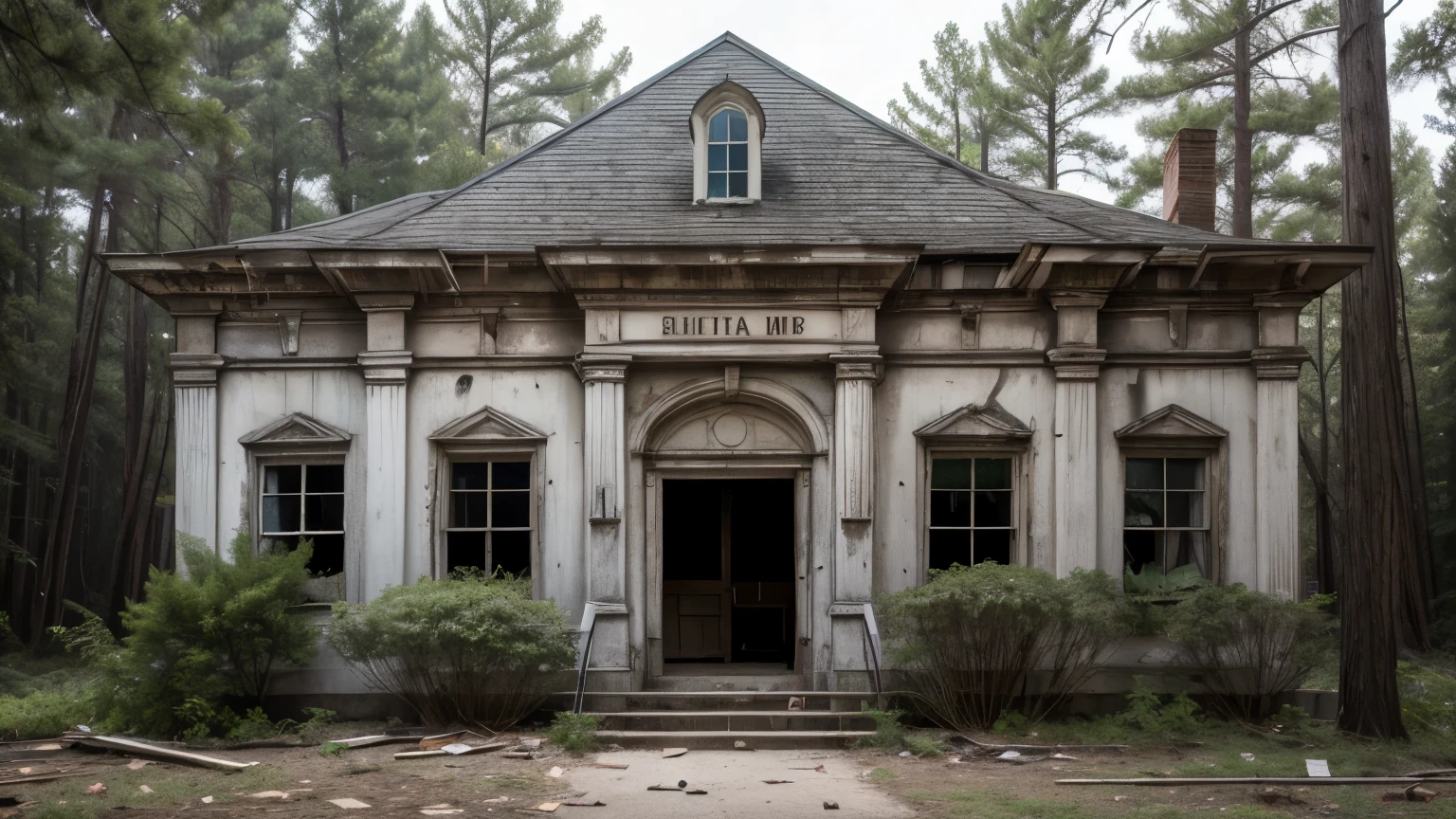 Front of an abandoned and old library in an abandoned lot like tall woods, paint was worn out with broken walls and everything falling apart. A frightening and ghastly facade, with tall bushes around.