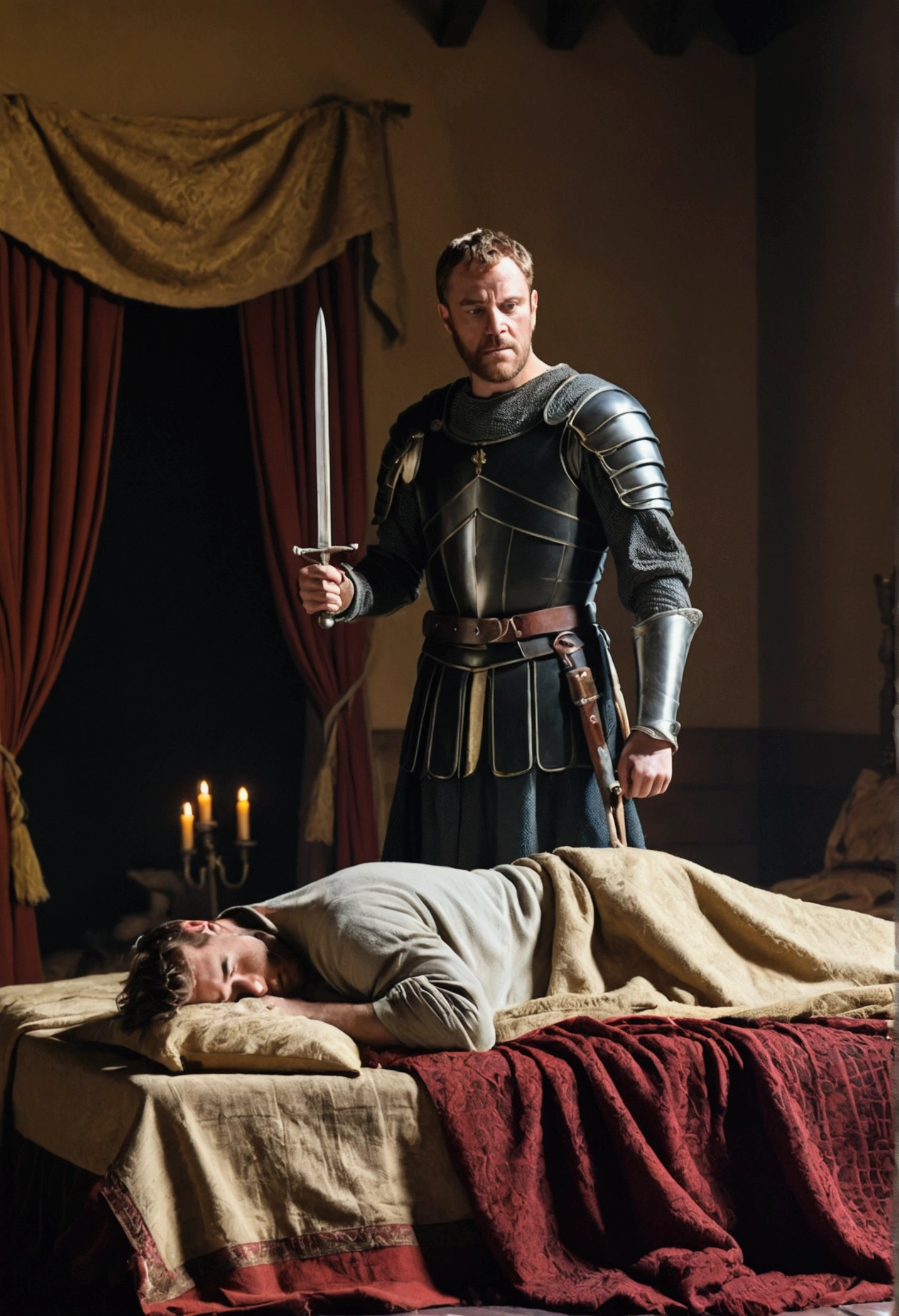 Generate a picture
Macbeth standing over Duncan's bed, dagger in hand, with Duncan asleep and unaware of the impending doom.