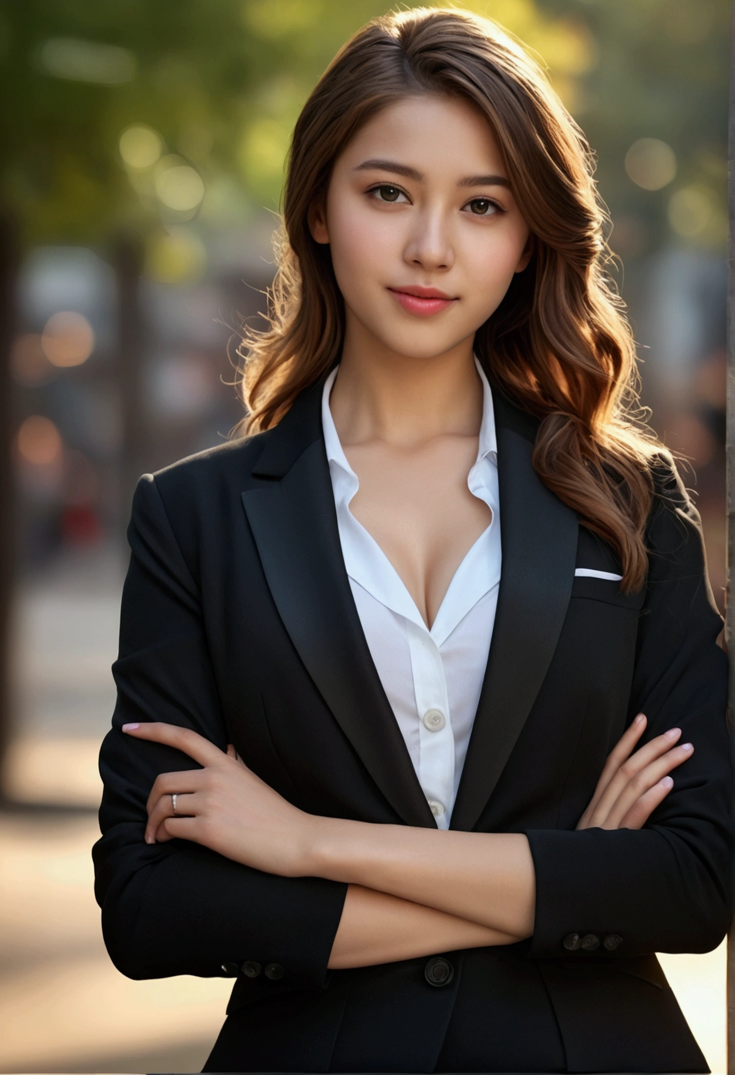 best quality, masterpiece, 1girl, Beautiful face, (photo realistic:1.3), rim lighting, (high detailed skin:1.2), 8k uhd, dslr, high quality, high resolution, 4k, 8k, Bokeh, absurdres, best ratio four finger and one thumb, (realistic:1.3), cute 1girl, wearing black formal blazer, medium breasts, short skirt,