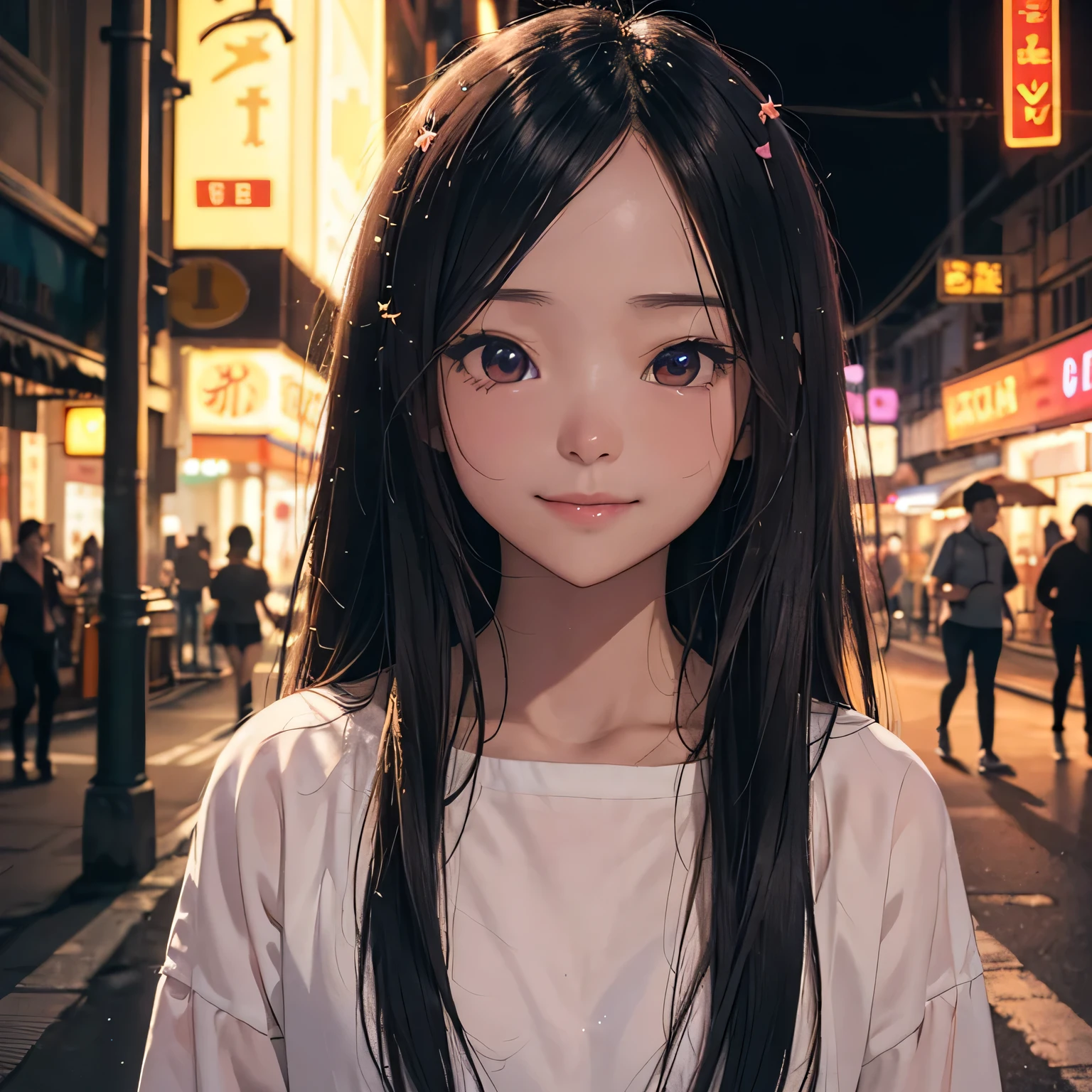 (best quality), (masterpiece), a background image for Lofi Music with a Vietnam girl, (Vietnam girl:1.1), (Lofi Music:1.3), (serene expression:1.3), (ray tracing:1.3), (realistic:1.5), City of the Night, neon signs on the street sparkle,City of the Night,Smiling look