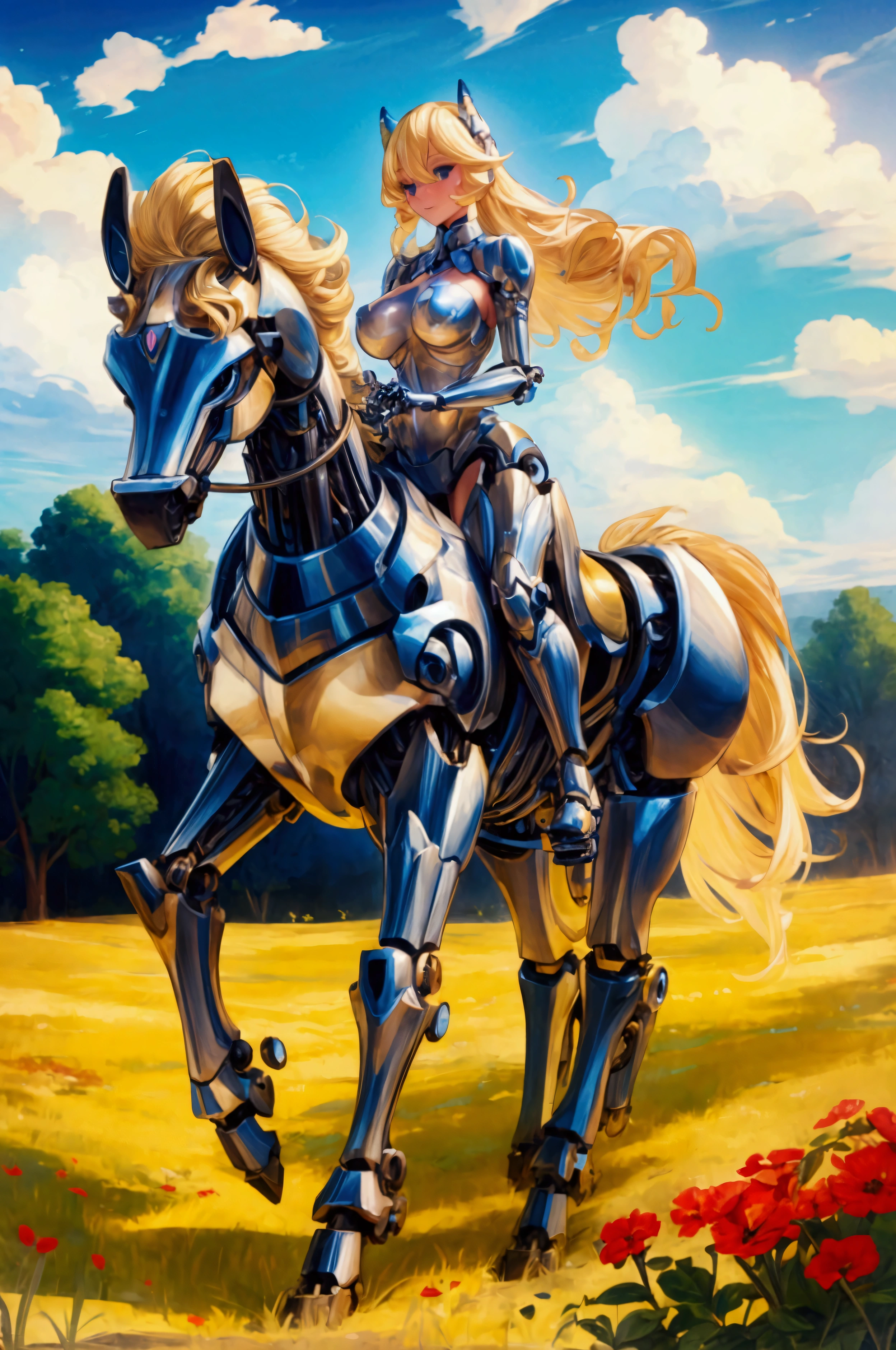 beautiful blonde with a body of a mechanical centaur, big breasts, topless, galloping happily at the meadows