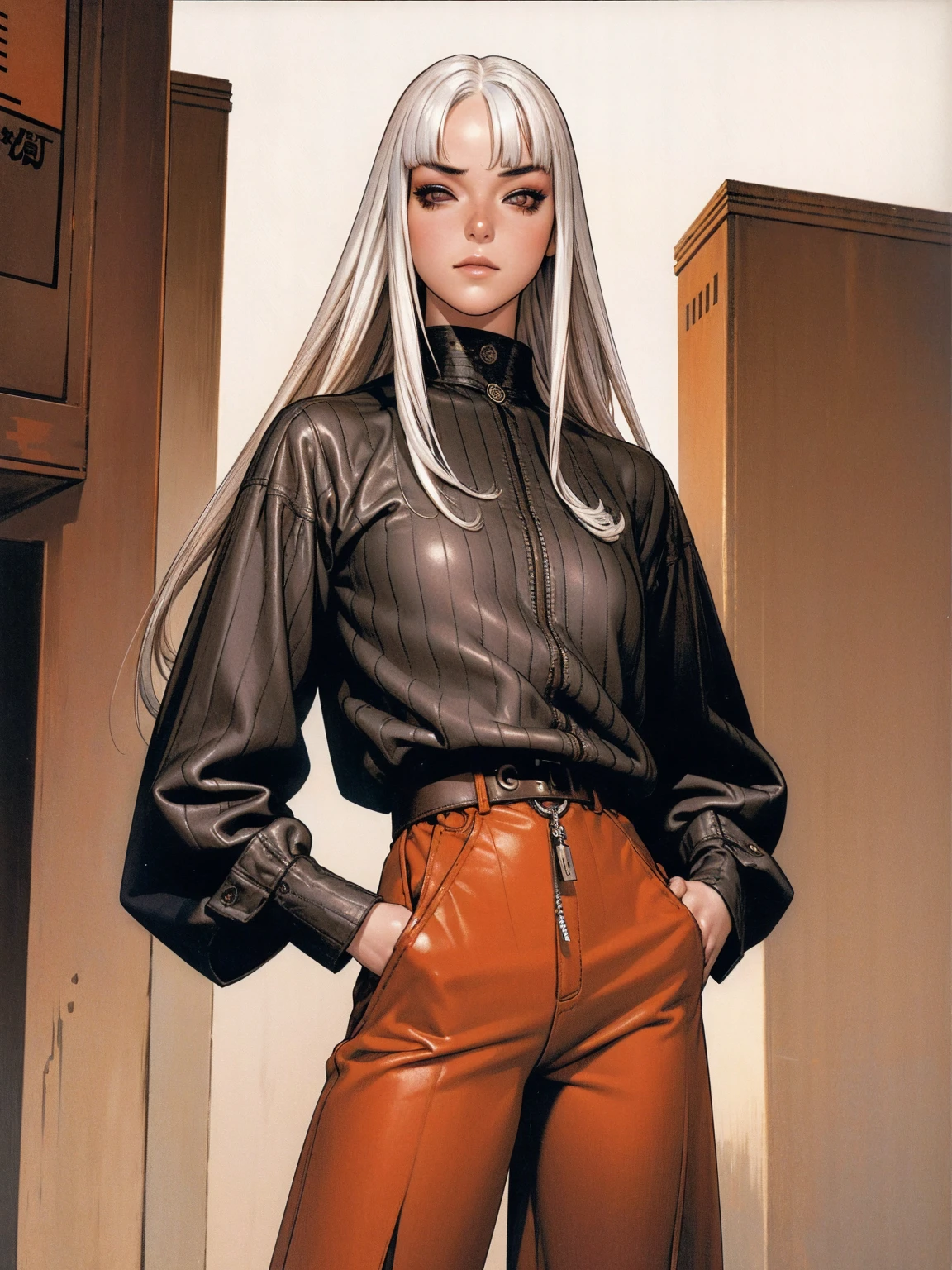 (best qualityer))), (((manga strokes))), (((long white hair with straight bangs and rust highlights))), freckles, (((wide pants with 2 side stripes))), uma Kizi jovem muito bem vestida com roupas modernas de inverno, top gift vertical stripes, short jacket with dark fur collar, beautiful and expressive face, slightly-smile, big eyes with long black eyelashes, heavy make-up, chains and zippers spread across clothes, contrasting colours, pose de atitude, hair with a modern and futuristic cut, urban game poster art, dramatic camera angles, graffiti art elements in the background, design mixing contemporary and retro by Shepard Fairey, (((cowboy shot))), (((best qualityer: 1.4))), (Unbeatable masterpiece), (hiper HD),(CG 8k hyper-realistic), Kizi, (((standing alone))), pirralha violent, (((14歳))), sexly, pose de atitude, work of art, post-apocalypse, (((manga style))), bounty hunter, violent, Manic, the way you want, slenderbody, thin but strong, perfectbody, roupa moderna, advanced technology, neon, sleeves with vertical striped pattern, neutral background, (( cowboy shot )). intricate visual