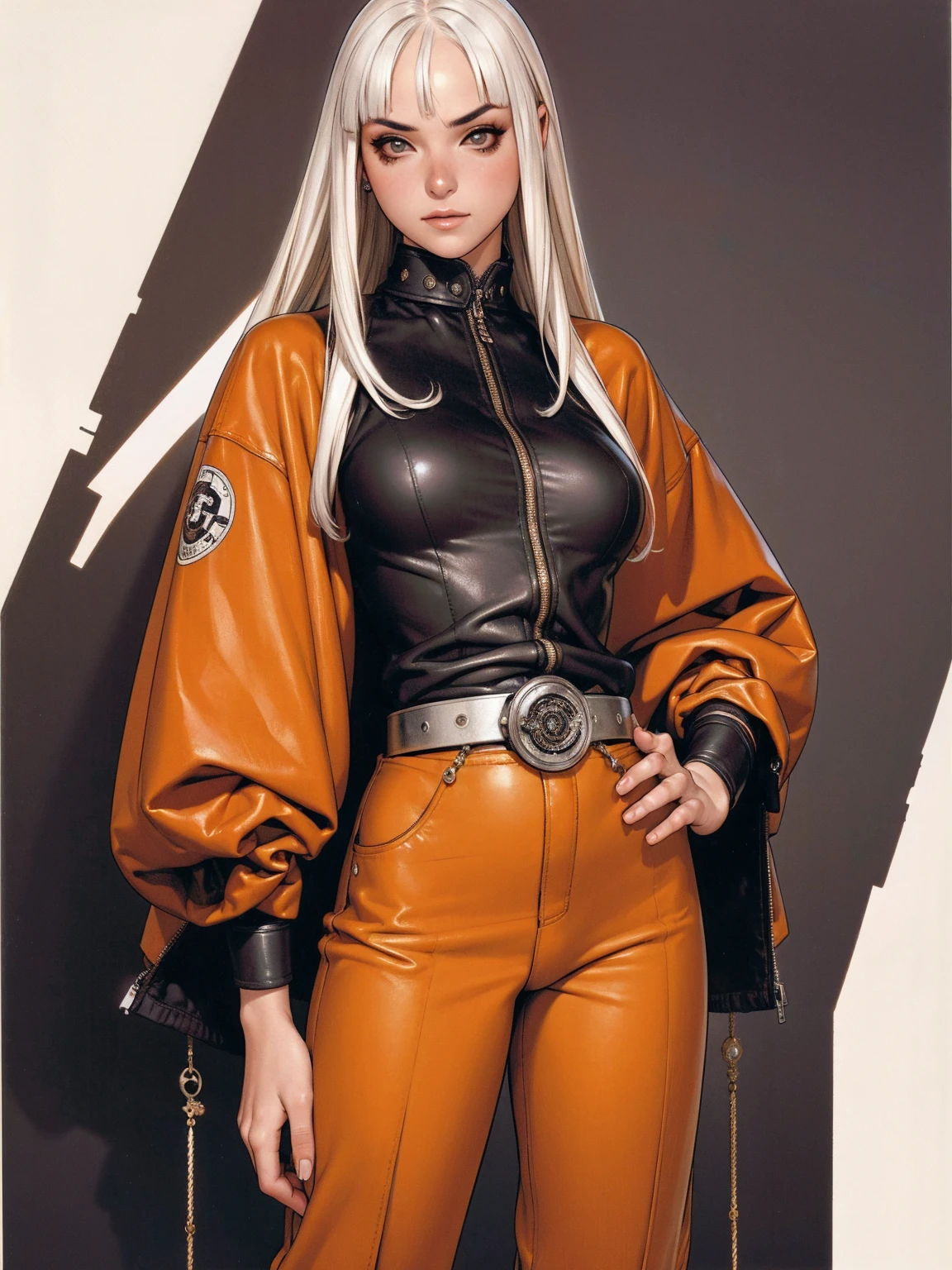 (best qualityer))), (((manga strokes))), (((long white hair with straight bangs and rust highlights))), freckles, (((wide pants with 2 side stripes))), uma Kizi jovem muito bem vestida com roupas modernas de inverno, top gift vertical stripes, short jacket with dark fur collar, beautiful and expressive face, slightly-smile, big eyes with long black eyelashes, heavy make-up, chains and zippers spread across clothes, contrasting colours, pose de atitude, hair with a modern and futuristic cut, urban game poster art, dramatic camera angles, graffiti art elements in the background, design mixing contemporary and retro by Shepard Fairey, (((cowboy shot))), (((best qualityer: 1.4))), (Unbeatable masterpiece), (hiper HD),(CG 8k hyper-realistic), Kizi, (((standing alone))), pirralha violent, (((14歳))), sexly, pose de atitude, work of art, post-apocalypse, (((manga style))), bounty hunter, violent, Manic, the way you want, slenderbody, thin but strong, perfectbody, roupa moderna, advanced technology, neon, sleeves with vertical striped pattern, neutral background, (( cowboy shot )). intricate visual