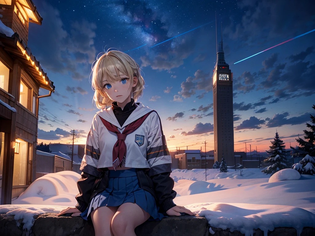 masutepiece,8k,octans, Skysky, stars(Skysky), landscapes, starrysky, natta, 1girl in, nigh sky, report, Plein Air, built, clouds, milkyway, sitting on, City, silhuette, Cityscape,(Short, Low twin-tailed blonde hair:1.2),(Deep Blue Eyes:1.3),(winter school uniform:1.1)