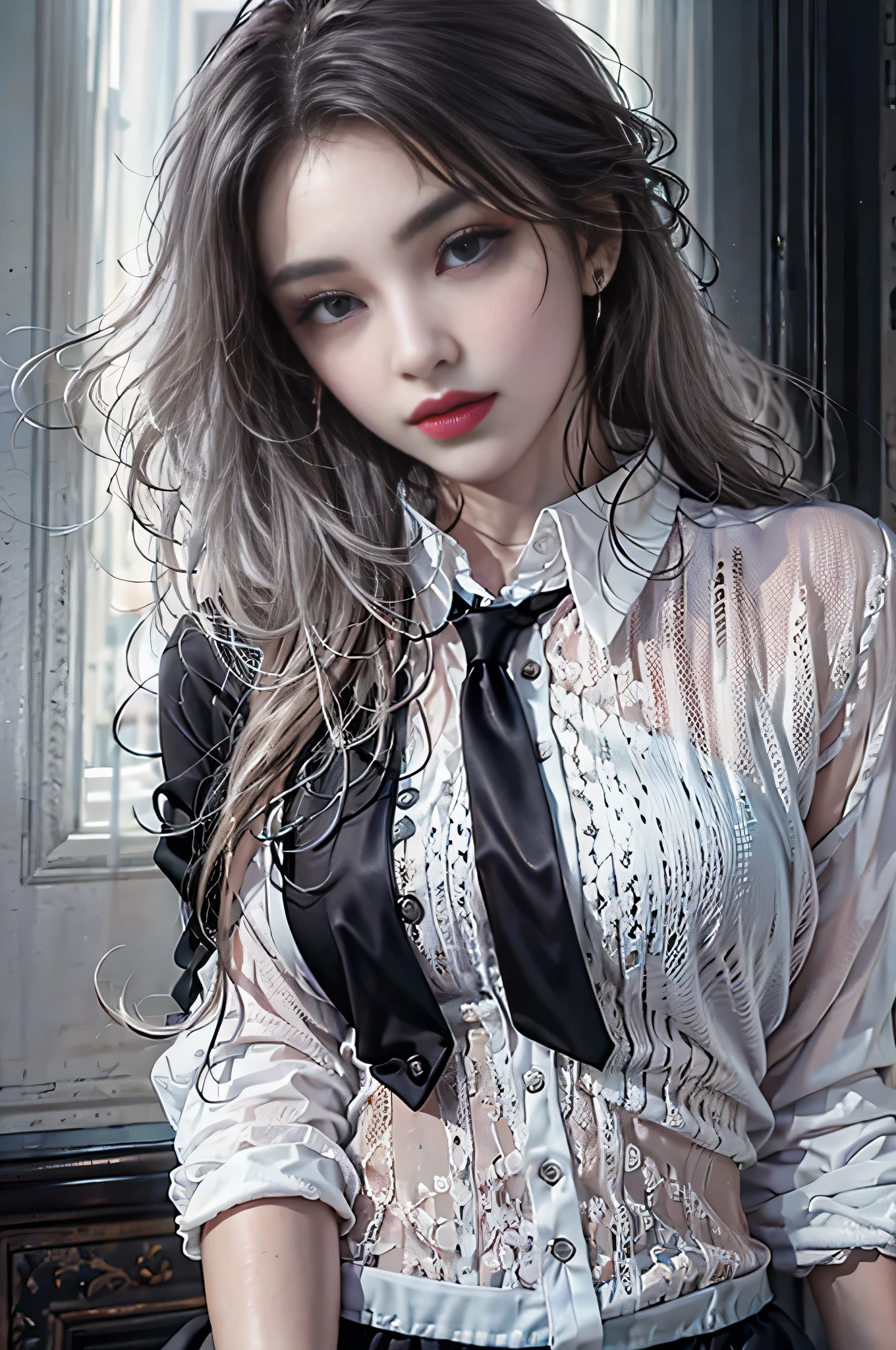 Girl portrait photography, Realistic, High resolution, 1 female, alone, Upper Body, Beautiful Eyes, Close your lips, Detailed face, Gray Hair, Long Hair,Off-the-shoulder white shirt, Black tie,Black Skirt, Pencil Skirt, stockings,(Black lace panties are visible)