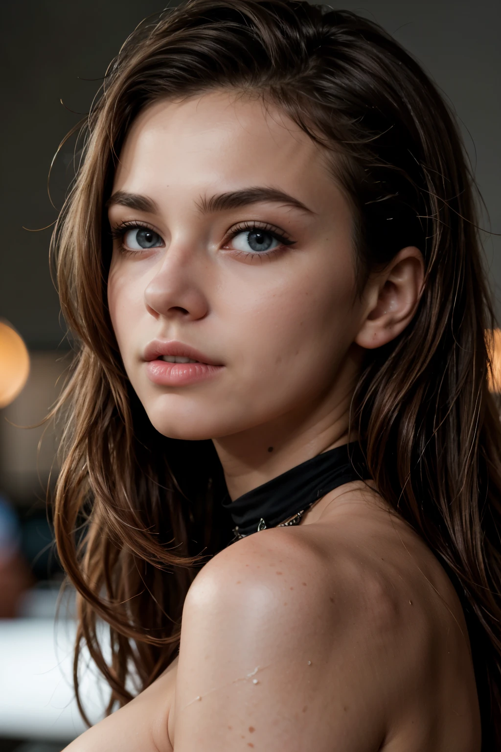 (HD photograph:1.6), best quality, professional portrait, ultra detailed, 8k, professional lighting, f2.8, headshot, pretty 18 year old girl, cute, perfect skin, (long dark hair:1.2), highly detailed eyes, mascara, heavy eye makeup, choker, detailed skin, very busty, (pale skin:1.2), bokeh
