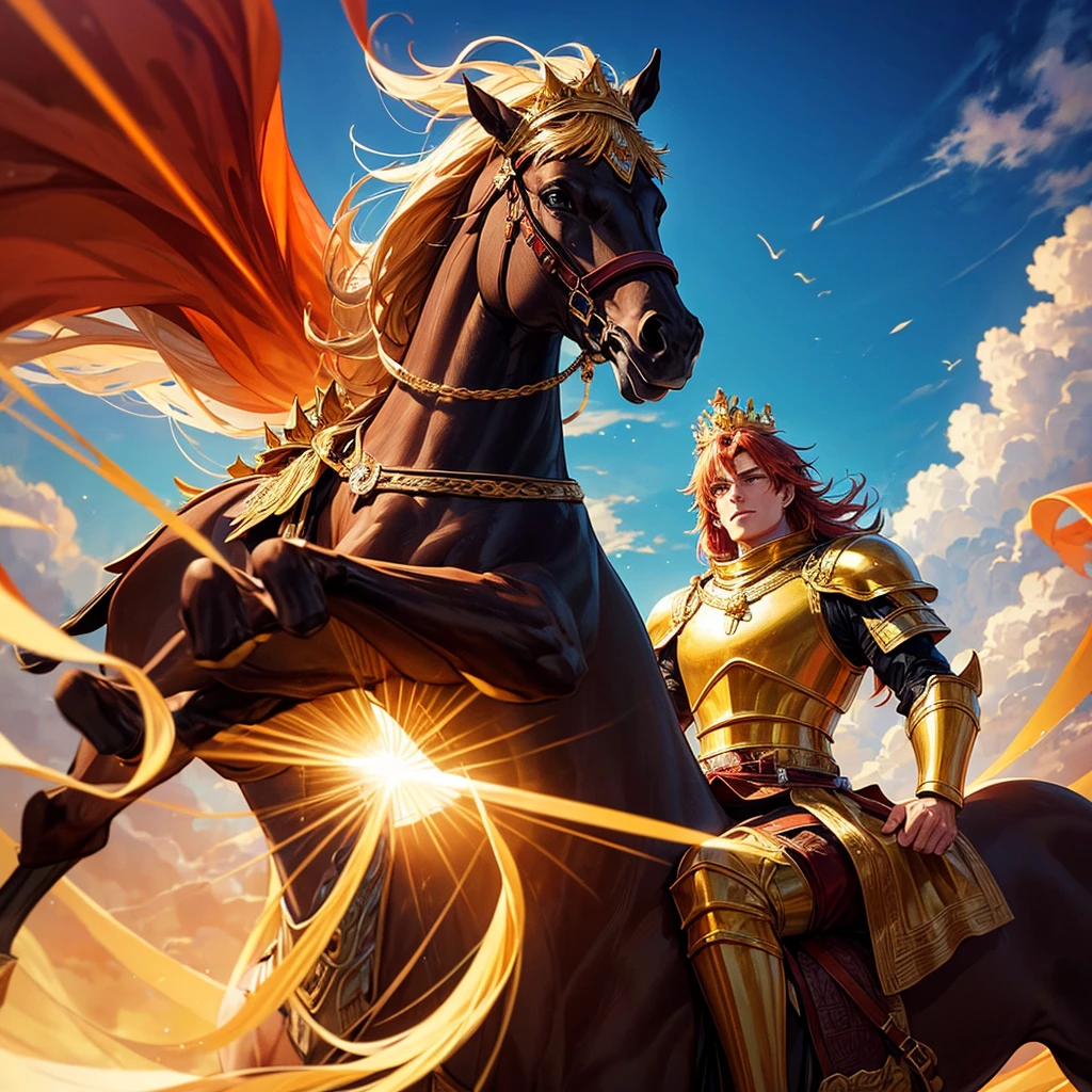 A mighty king wearing a golden crown,He wears beautiful copper colored armor, and is riding on a mighty red horse. In the background of the image a powerful sun illuminates 