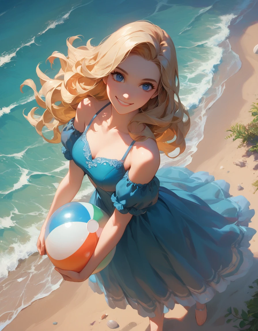 delicate and beautiful CG artwork),(best quality, ultra-detailed, high resolution),(dynamic angle, dynamic lighting),(1 character),(long pink and blonde hair), blue eyes, beautiful face), 1 girl, (long sideburns, plants, smile, long blue dress, 3 d, ocean, water, beach ball, sea shells, sunny, windy