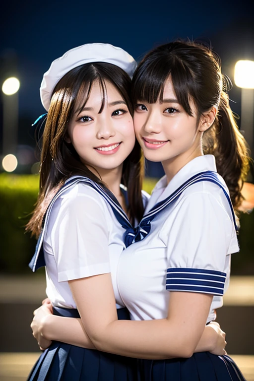 (2girls, youthful & beautiful women, age 20s, wearing the iconic japanese highschool uniform, white shirt with buttons, pleated mini-skirt, red neck collar ribbon, serafuku, ponytail hair, short hair, bob hair with side bangs, sailor hat, sailor uniform,
BREAK
Friendly Kind smile, cute expressions, beautiful detailed eyes, very detailed eyes & facial features, long eyelashes, beautiful detailed lips, natural color lips, dimpled cheeks, snaggle-tooth, ample round bosom, huge breasts, perfect body anatomy, natural poses, warm embrace, the cowboy shot, high angle shot, Tokyo Tower night sky,
BREAK
Photorealism, Ultra-realistic, portrait, vivid colours, photo-realistic, UHD, 4k, 8k, ultra-detailed, finely detailed, high resolution, masterpiece, best quality, illustration, perfect dynamic composition, depth of field, night bokeh background, safe for work, SFW)