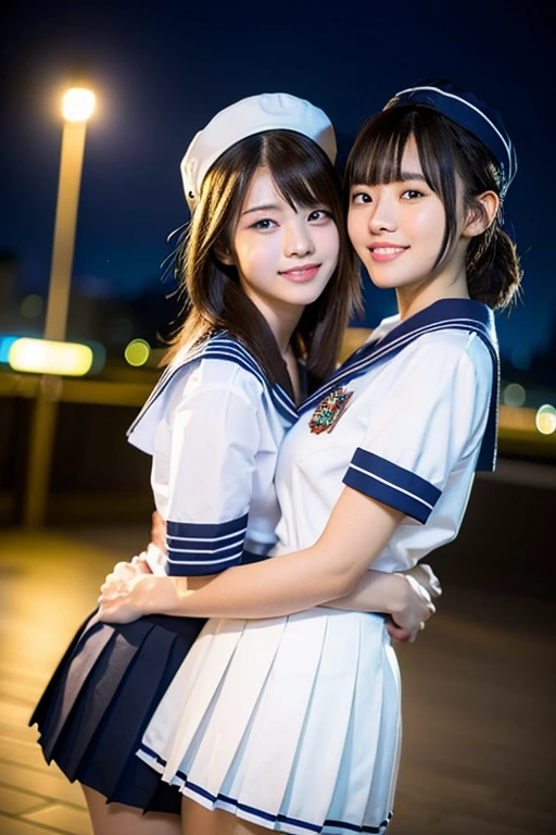 (2girls, youthful & beautiful women, age 20s, wearing the iconic japanese highschool uniform, white shirt with buttons, pleated mini-skirt, red neck collar ribbon, serafuku, ponytail hair, short hair, bob hair with side bangs, sailor hat, sailor uniform,
BREAK
Friendly Kind smile, cute expressions, beautiful detailed eyes, very detailed eyes & facial features, long eyelashes, beautiful detailed lips, natural color lips, dimpled cheeks, snaggle-tooth, ample round bosom, huge breasts, perfect body anatomy, natural poses, warm embrace, the cowboy shot, high angle shot, Tokyo Tower night sky,
BREAK
Photorealism, Ultra-realistic, portrait, vivid colours, photo-realistic, UHD, 4k, 8k, ultra-detailed, finely detailed, high resolution, masterpiece, best quality, illustration, perfect dynamic composition, depth of field, night bokeh background, safe for work, SFW)
