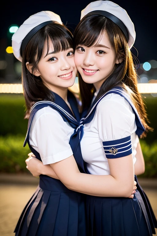 (2girls, youthful & beautiful women, age 20s, wearing the iconic japanese highschool uniform,  white shirt with buttons, pleated mini-skirt, red neck collar ribbon, serafuku, ponytail hair, short hair, bob hair with side bangs, sailor hat, sailor uniform,
BREAK
 Friendly Kind smile, cute expressions, beautiful detailed eyes, very detailed eyes & facial features, long eyelashes, beautiful detailed lips, natural color lips, dimpled cheeks, snaggle-tooth, ample round bosom, huge breasts, perfect body anatomy, natural poses, warm embrace, the cowboy shot, high angle shot, Tokyo Tower night sky,
BREAK 
 Photorealism, Ultra-realistic, portrait, vivid colours, photo-realistic, UHD, 4k, 8k, ultra-detailed, finely detailed, high resolution, masterpiece, best quality, illustration, perfect dynamic composition, depth of field, night bokeh background, safe for work, SFW)