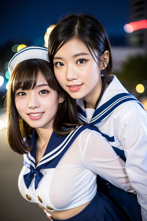 (2girls, youthful & beautiful women, age 20s, wearing the iconic japanese highschool uniform, white shirt with buttons, pleated mini-skirt, red neck collar ribbon, serafuku, ponytail hair, short hair, bob hair with side bangs, sailor hat, sailor uniform,
BREAK
Friendly Kind smile, cute expressions, beautiful detailed eyes, very detailed eyes & facial features, long eyelashes, beautiful detailed lips, natural color lips, dimpled cheeks, snaggle-tooth, ample round bosom, huge breasts, perfect body anatomy, natural poses, warm embrace, the cowboy shot, high angle shot, Tokyo Tower night sky,
BREAK
Photorealism, Ultra-realistic, portrait, vivid colours, photo-realistic, UHD, 4k, 8k, ultra-detailed, finely detailed, high resolution, masterpiece, best quality, illustration, perfect dynamic composition, depth of field, night bokeh background, safe for work, SFW)