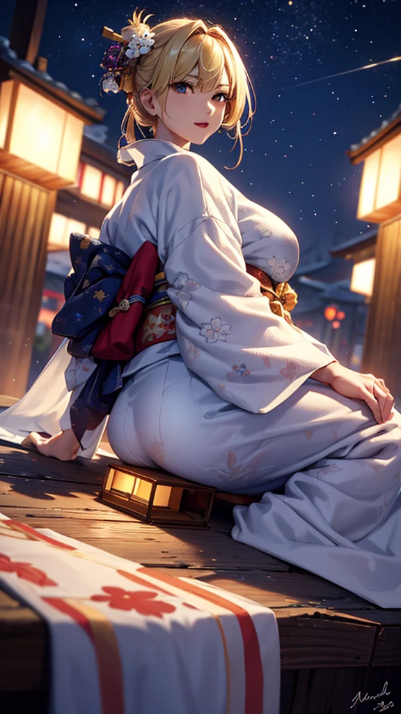 masterpiece, high quality, 4K, Beautiful design, blonde, 非常に詳細な夜のStarry Sky,Summer festival, wonderful, Finer details, Very knowledgeable woman, Highly detailed solo, 1 female,Big Breasts,Stall,Butt Emphasis,Yukata in white color,Night view,Starry Sky,How to sit,firework,