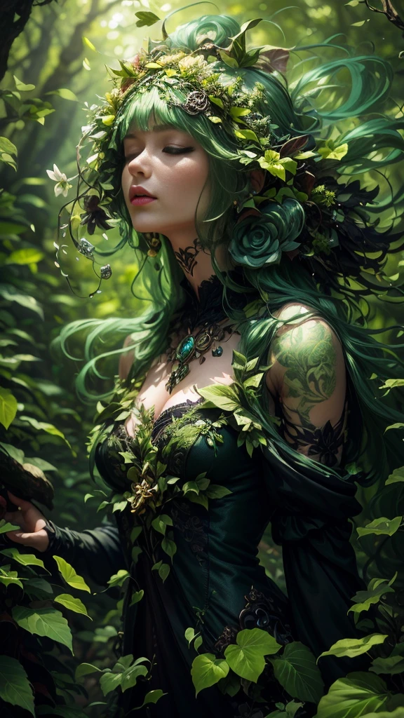 Plant humanoids,personification of moss,Deep in the forest,Beautiful woman with closed eyes,vine tattoo,musgo,florals,masterpiece,Detailed details,Mystical,A mysterious sight,8K,Fantasia,fluffy moss,Fantastical,blurred plants,dimmed lights,Fairy Light,Beautiful green hair,Feel the wind,Sunlight,Light makeup,long eyeslashes