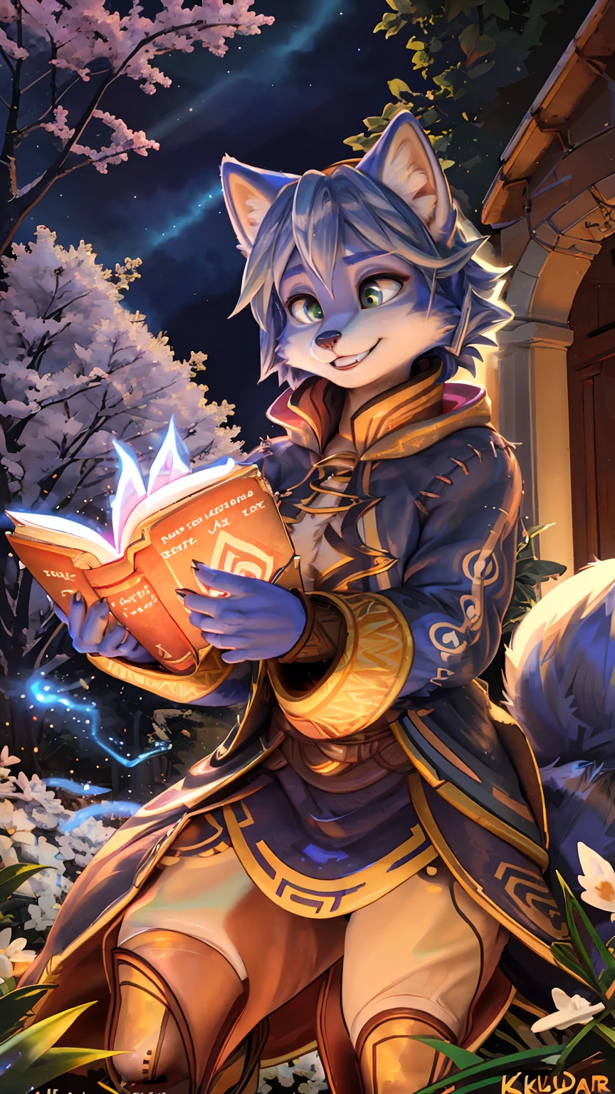 A beautiful and detailed (sweet picture) wa ((krystal)), Star Fox Krystal, sslim, lovable, green eyes, medium breasts, (((Long blue hair 1.3))),  ((black hair tips)), Decollete, grin, look up,, anthro, furry, Uploaded E621, detailed fluffy fur, (wa Fluff-Kevlar, Bayard Wu, personalize me, Pino Daeni), detailed face, (fluffy), 1 girl, alone, sweet girl, alone, mage, gown, Hose, gloves, feminine, holds a magic book in his hand